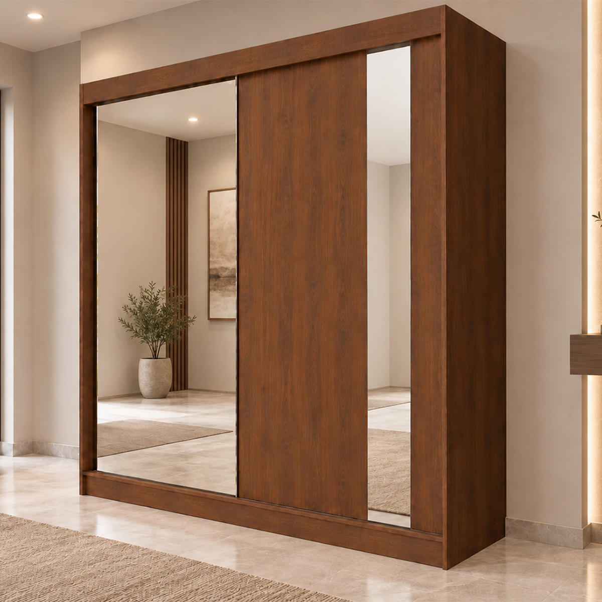 KLEIDERSCHRANK Gloria 200 cm Nussbaum Warmia Spiegel 2 Schubl. Griffe schwarz - Nussbaumfarben, Holzwerkstoff (200/216/61cm) - KS Home Concept