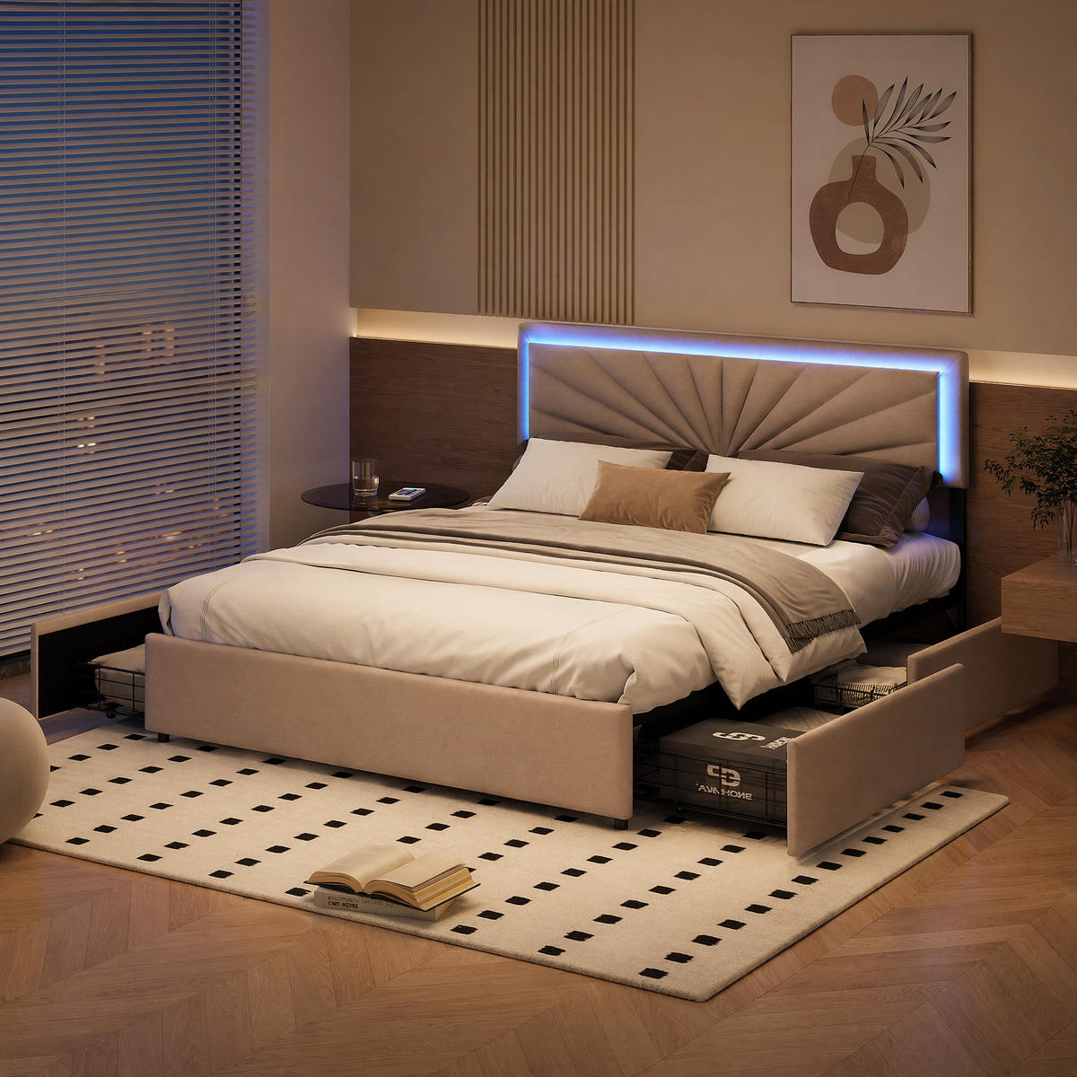 POLSTERBETT 160x200 cm Beige Stoff LED 4 Schubladen - Beige, Holz (160/200cm) - SHOPENTRA