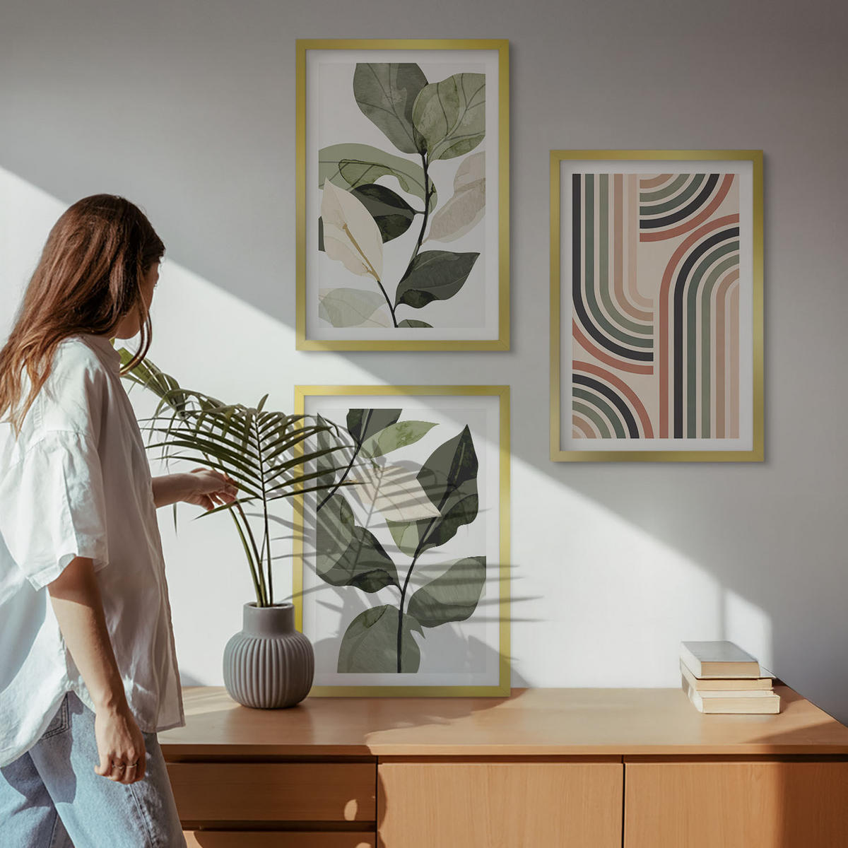 BILDER SET 3er Set - 40x60 cm Goldrahmen - Geometrische Pflanzenmotive - Goldfarben, Kunststoff (40/60cm) - TULUP