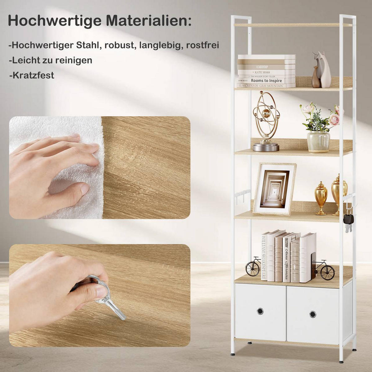 REGAL mit 5 Ablagen, 2 Schubladen, Helle Eiche+Weiß - Eichefarben/Weiß, Holzwerkstoff/Textil (63/187/30cm) - Woltu