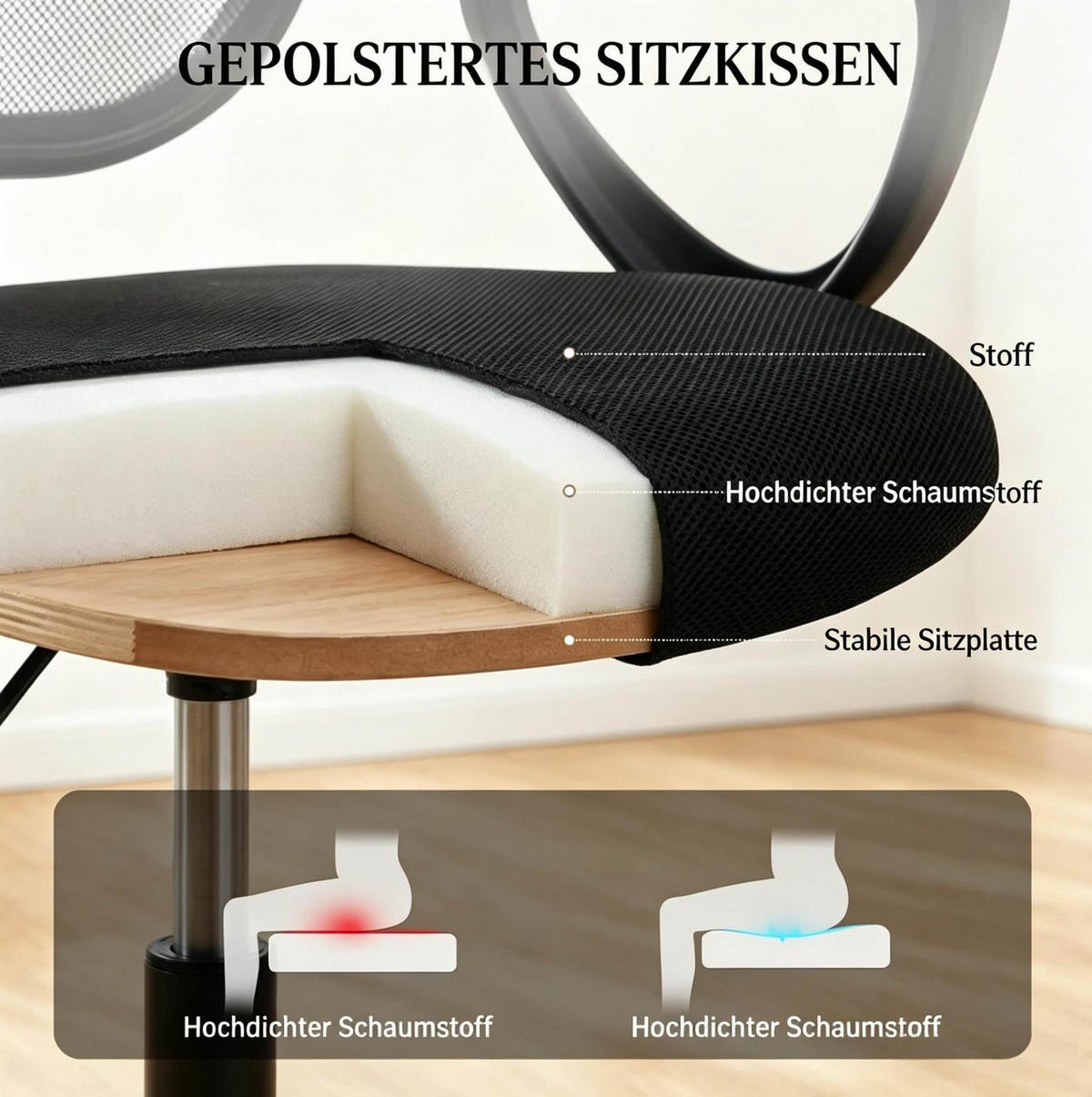 HÖHENVERSTELLBARER Bürostuhl in Schwarz 58x59x103 cm mit Fußstützring und Netzrückenlehne - Schwarz, Textil (59/103/58cm) - IVMEU