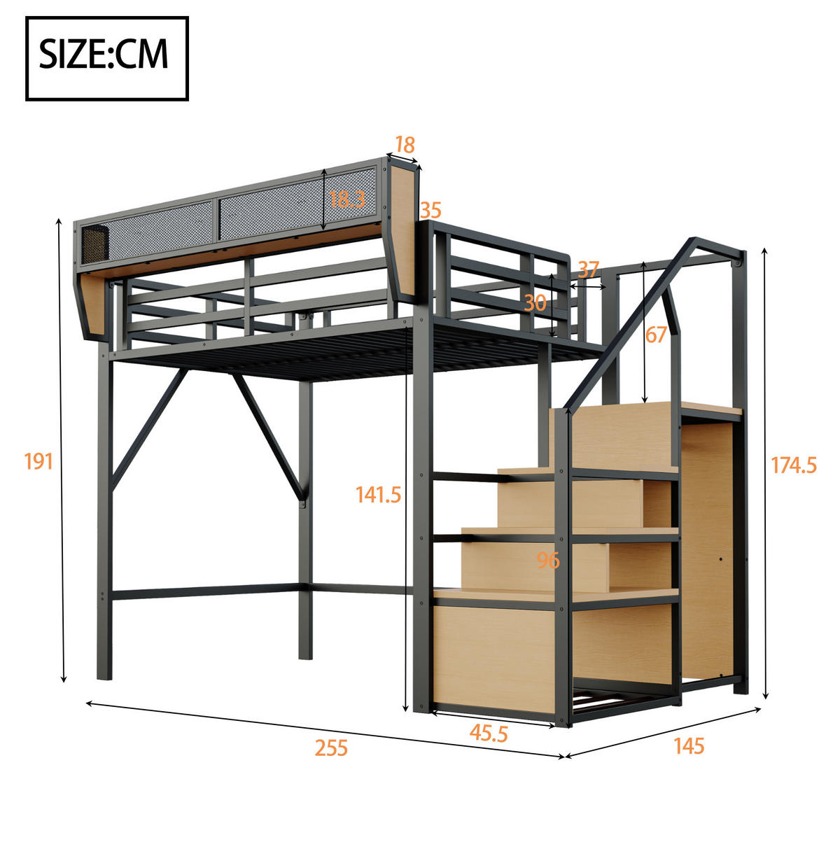HOCHBETT 140/200 cm aus Metall mit Sicherheitsleiter und flexiblem Regal, Schwarz - Schwarz, Metall (140/200cm) - Redom