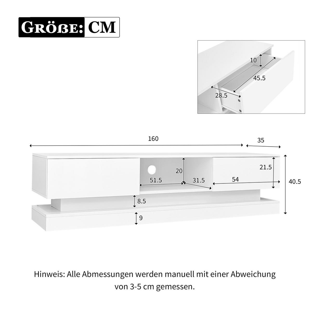 TV-LOWBOARD 160/35/40,5 cm mit 2 Schubladen und LED-Beleuchtung - Weiß, Holzwerkstoff (160/40.5/35cm) - BEAOK