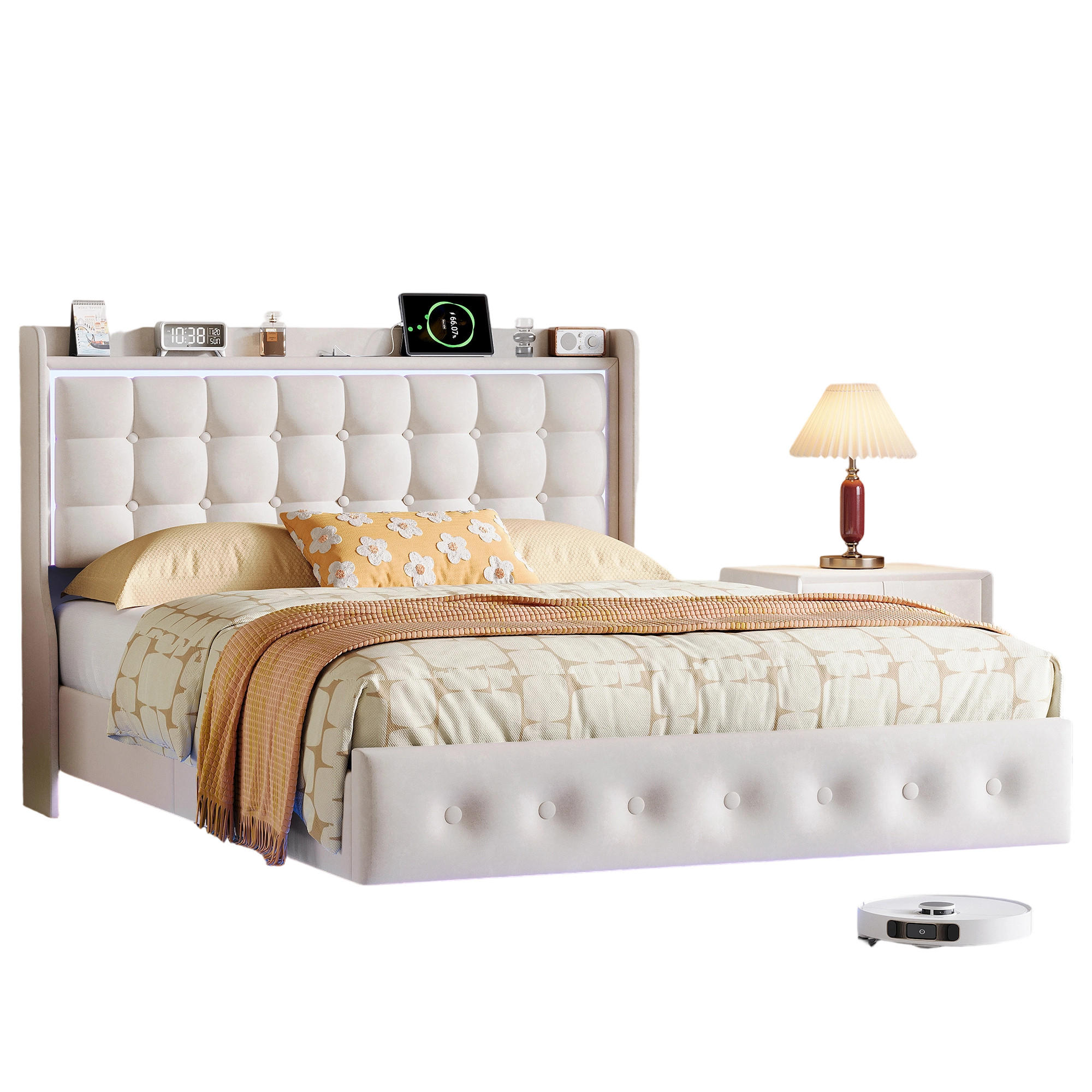 KLÄDD säng 160/200 cm beige med sänglåda och USB-portar - Beige, Trä (160/200cm) - SHOPENTRA