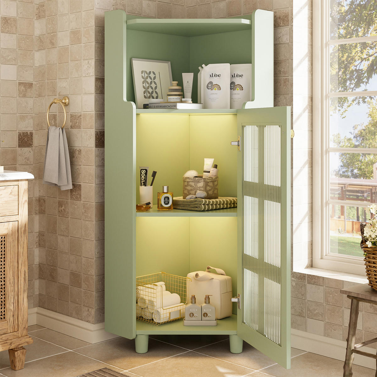 LED-ECKSCHRANK 63.5x16.5x124 cm Grün aus Spritzglas mit App-LED & 2-in-1 Stauraum - Grün, Holzwerkstoff (63.5/124/16.5cm) - Modfu