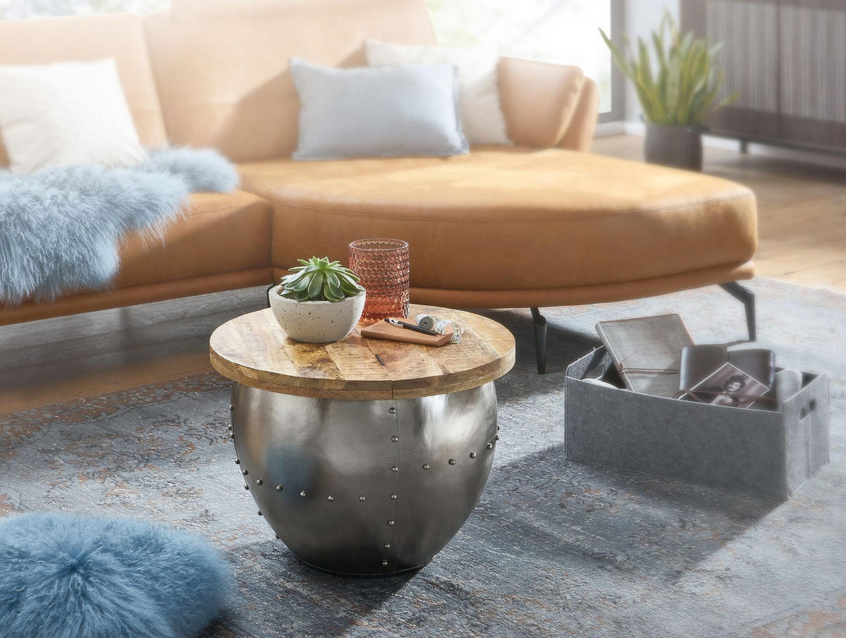 COUCHTISCH Rund in Braun, Massivholz und Metall, Industrial-Stil mit Stauraum - Silberfarben, Holz/Metall (60/60/43cm) - KADIMA DESIGN