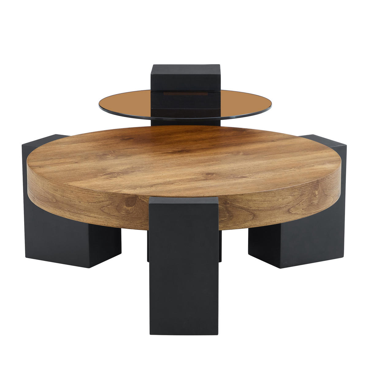 COUCHTISCH-SET rund 61/61/30 cm Schwarz Holzoptik mit Glasplatte und Ablage - Schwarz, Holzwerkstoff (61/61/30cm) - OKWISH