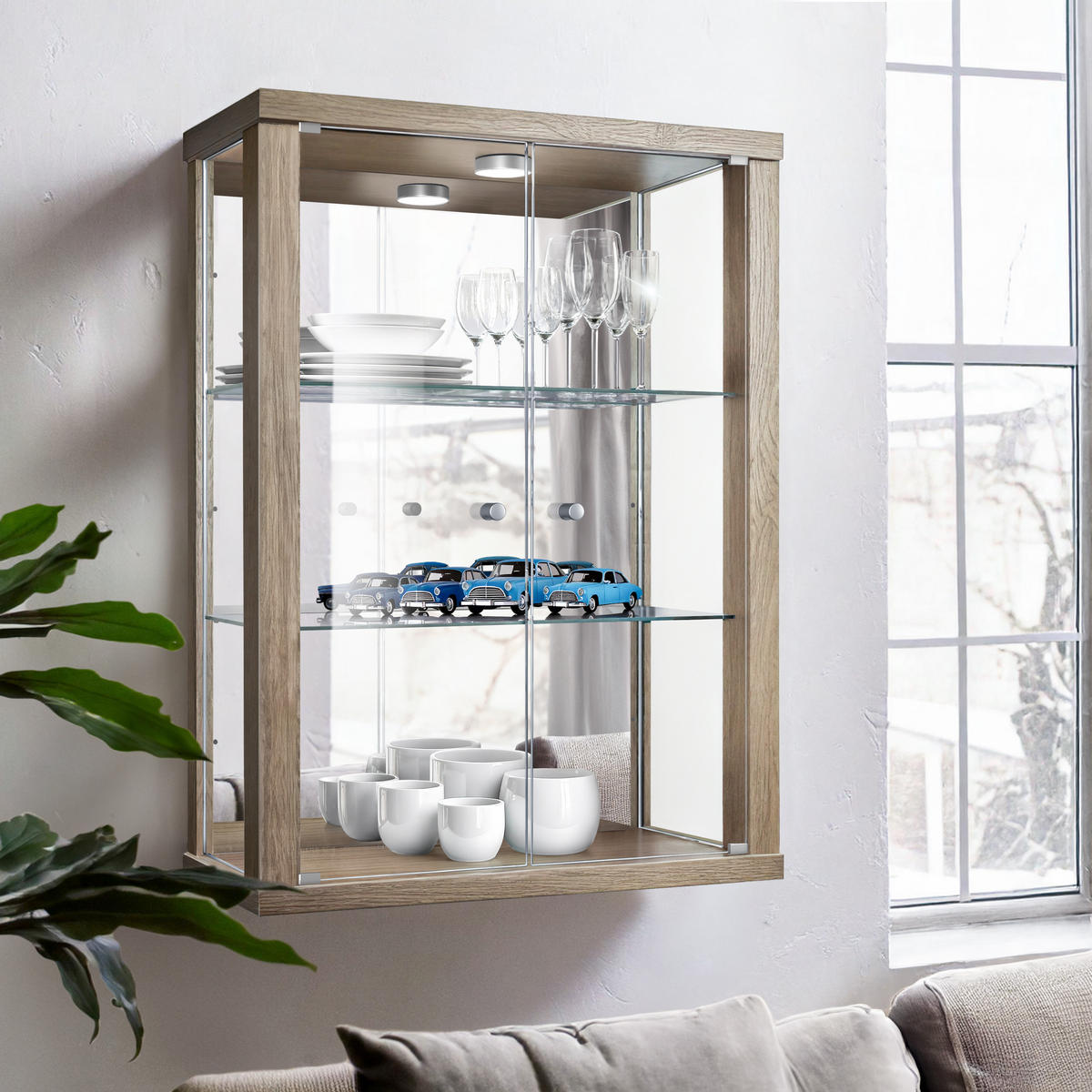HÄNGEVITRINE 25/60/80 cm mit Spiegel, LED & 2 höhenverstellbaren Glasböden - Transparent/Silberfarben, Glas/Holzwerkstoff (60/80/25cm) - K-Möbel