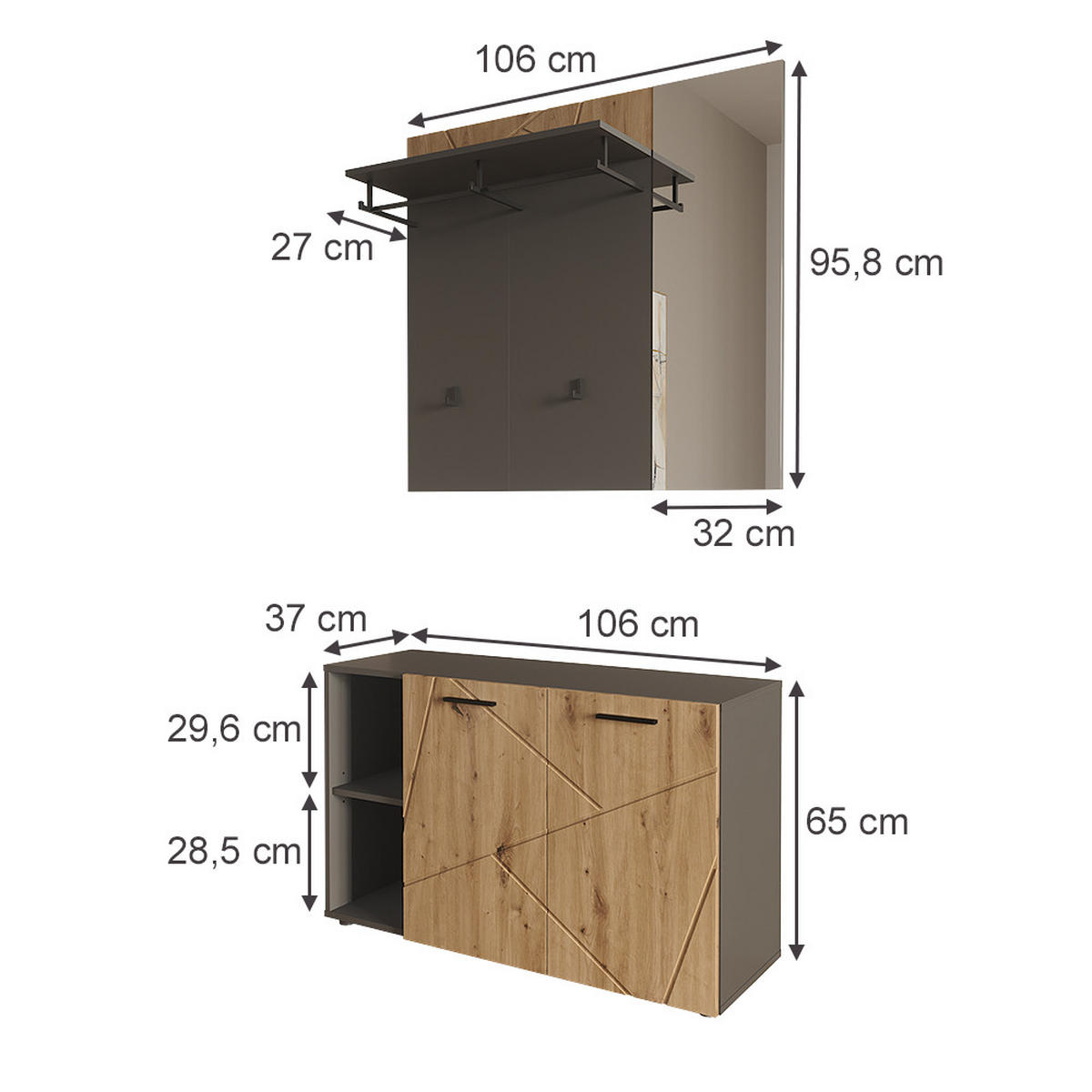 GARDEROBE Irma Anthrazit/Artisan 106 x 63 cm Set mit Schuhschrank und Wandgarderobe mit Spiegel - Anthrazit, Holzwerkstoff (106/63/37cm) - Vicco