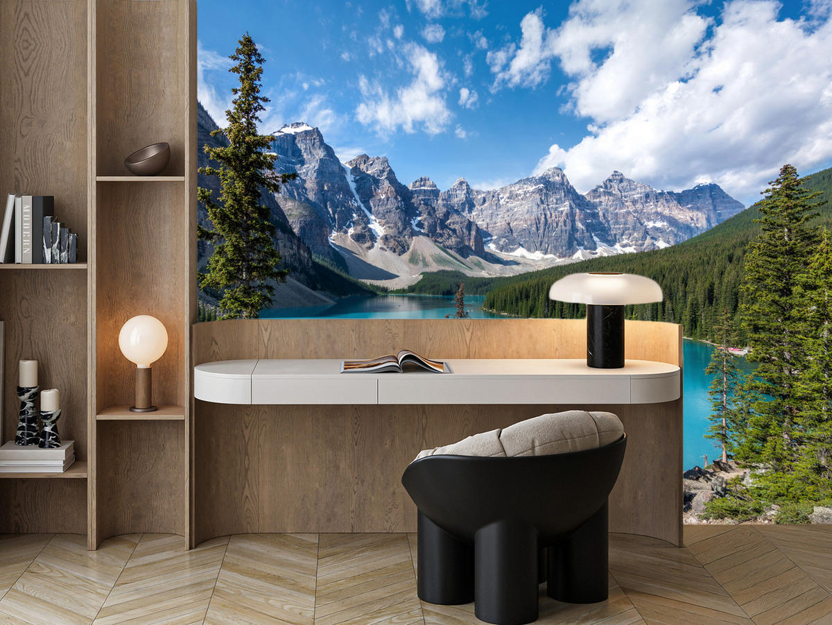 FOTOTAPETE See Berge Wald Landschaft 3D 400x280 - Türkis/Blau, Papier (400/280cm) - Muralo