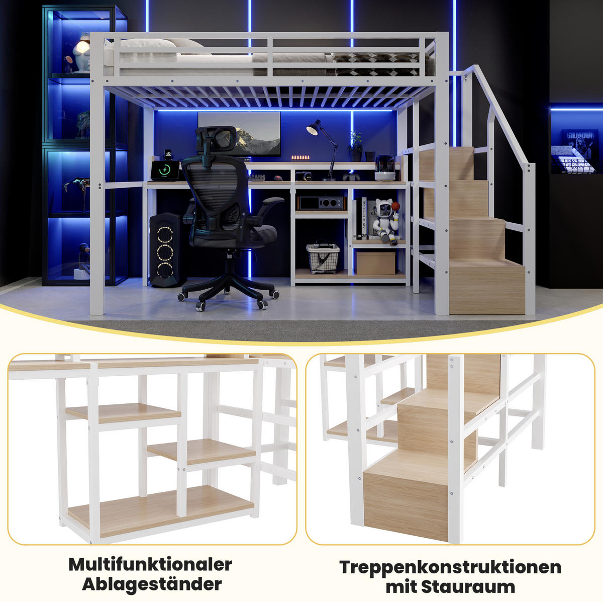 HOCHBETT MDF Metall 140x200 cm Weiß mit Leiterschrank, USB + Typ-C und LED-Lichtleiste - Weiß, Holzwerkstoff (140/200cm) - Modfu