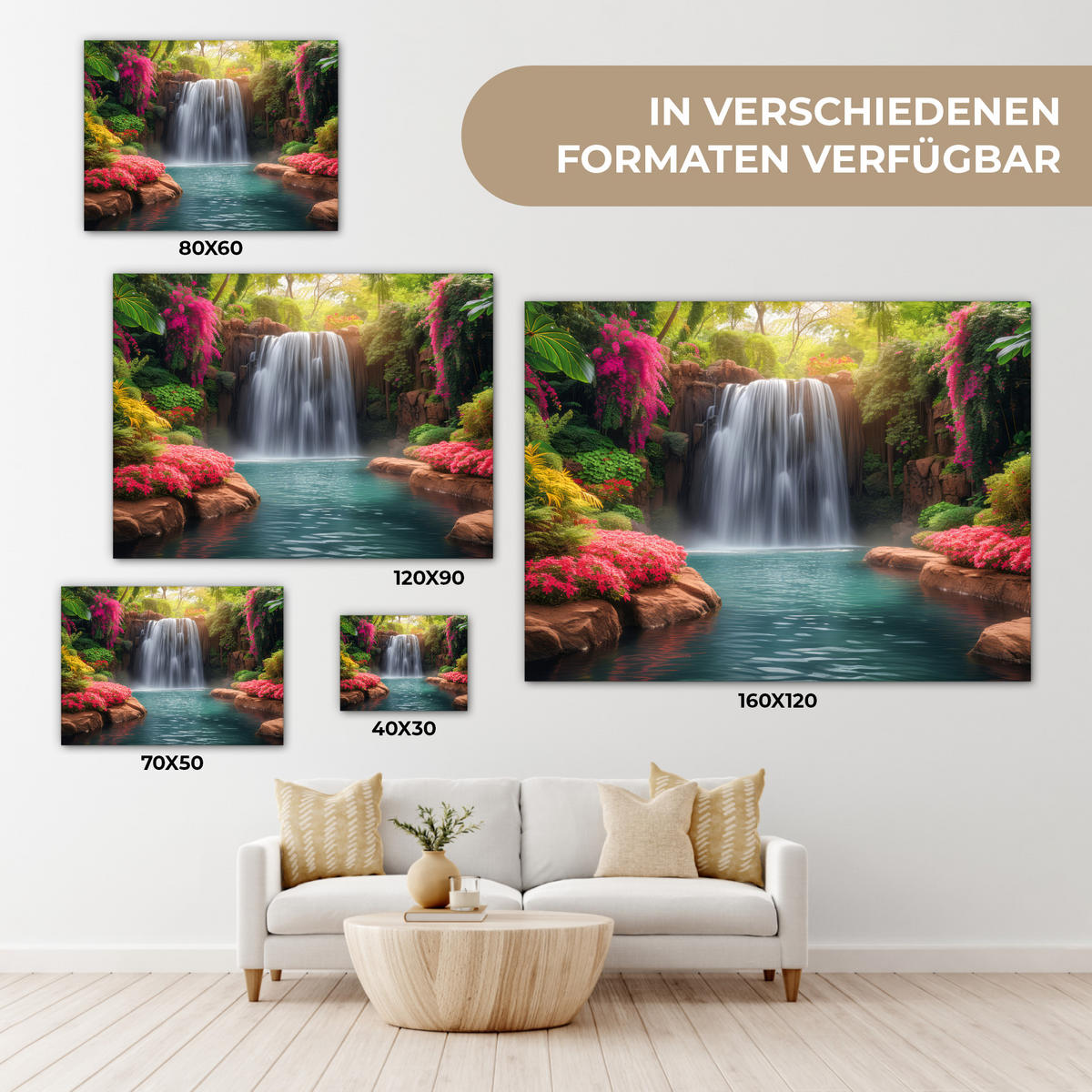 LEINWANDBILD Wasserfall - Natur - Pflanzen - Dschungel - Wasser Wandbilder 80x60 cm - Grün, Textil (80/60cm) - MuchoWow