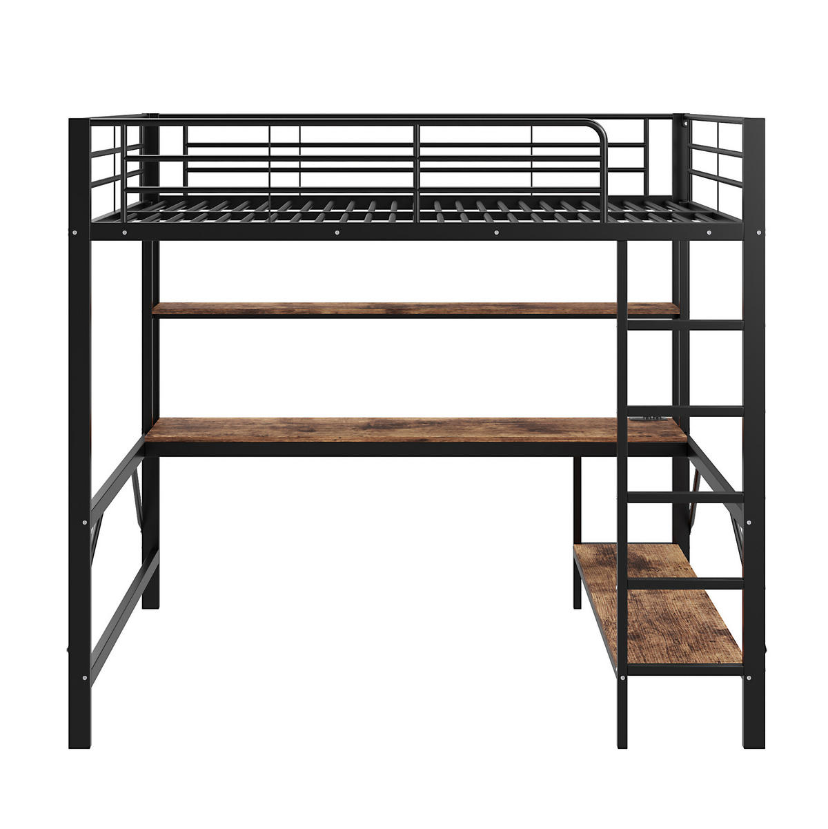 HOCHBETT 140/200 cm in Schwarz mit Schreibtisch, Regal und LED-Beleuchtung - Schwarz, Metall (140/200cm) - Flora Grace