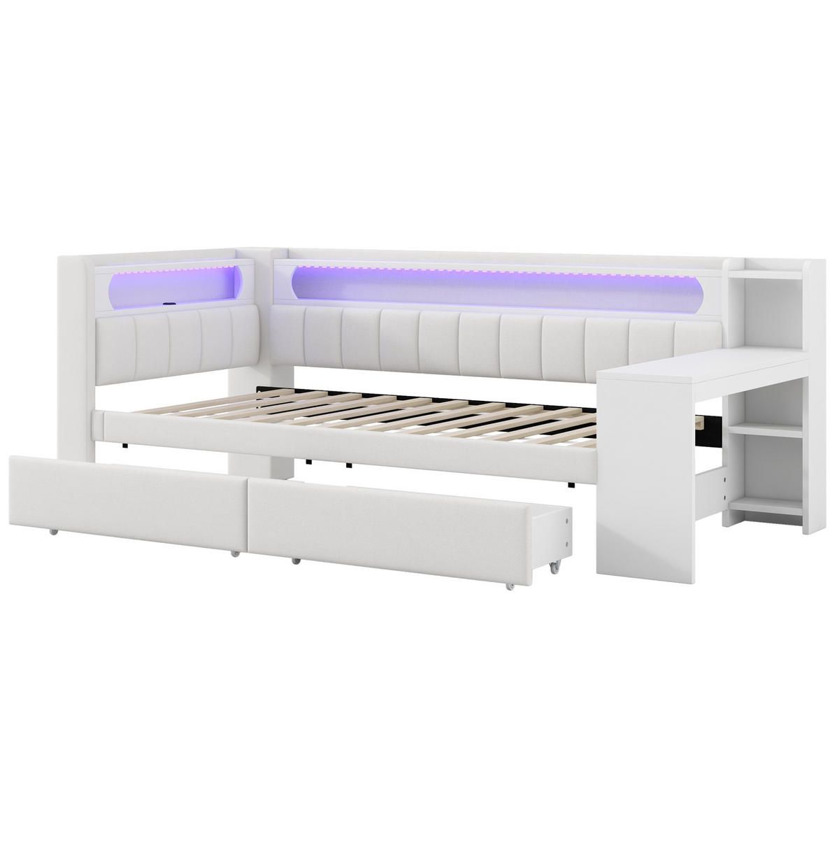 POLSTERBETT aus MDF, Sperrholz und Leinen 90x200 cm Weiß mit LED, USB, Schreibtisch und 2 Schubladen - Weiß, Holzwerkstoff (90/200cm) - Modfu
