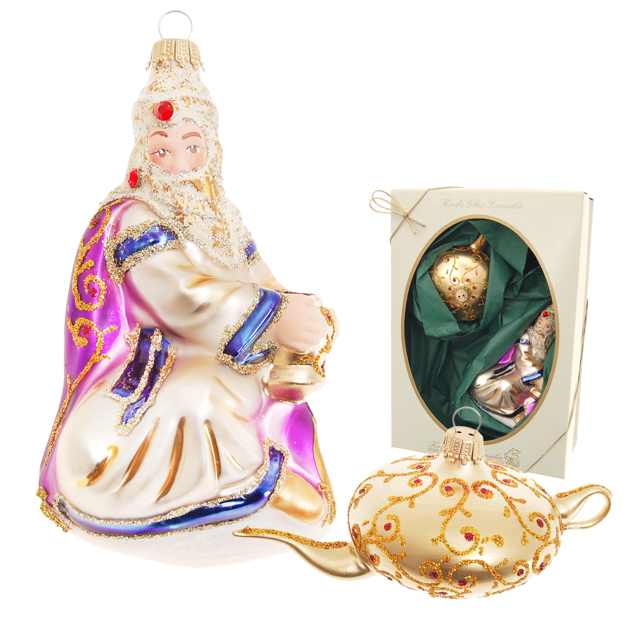 CHRISTBAUMSCHMUCK Aladdin und die Wunderlampe Mehrfarbig 12cm (Glas / 2 Stk.) - Multicolor, Glas (6/12/5cm) - Krebs Glas Lauscha