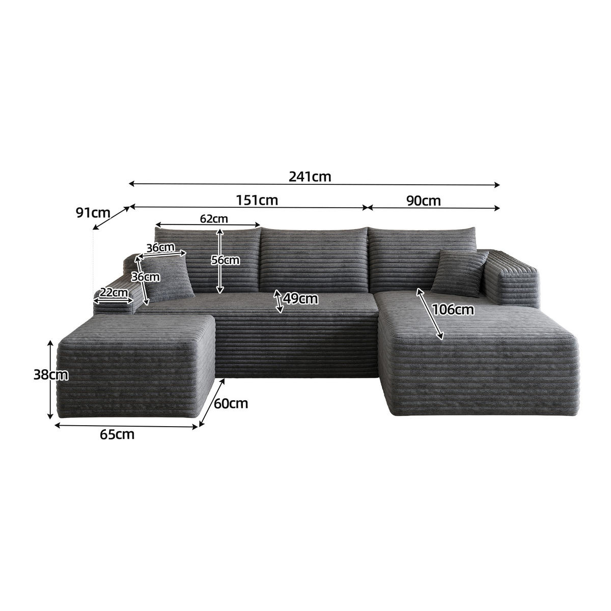 WOHNLANDSCHAFT Cord Dunkelgrau - Grau, Textil (241/58/151cm) - WISHDOR