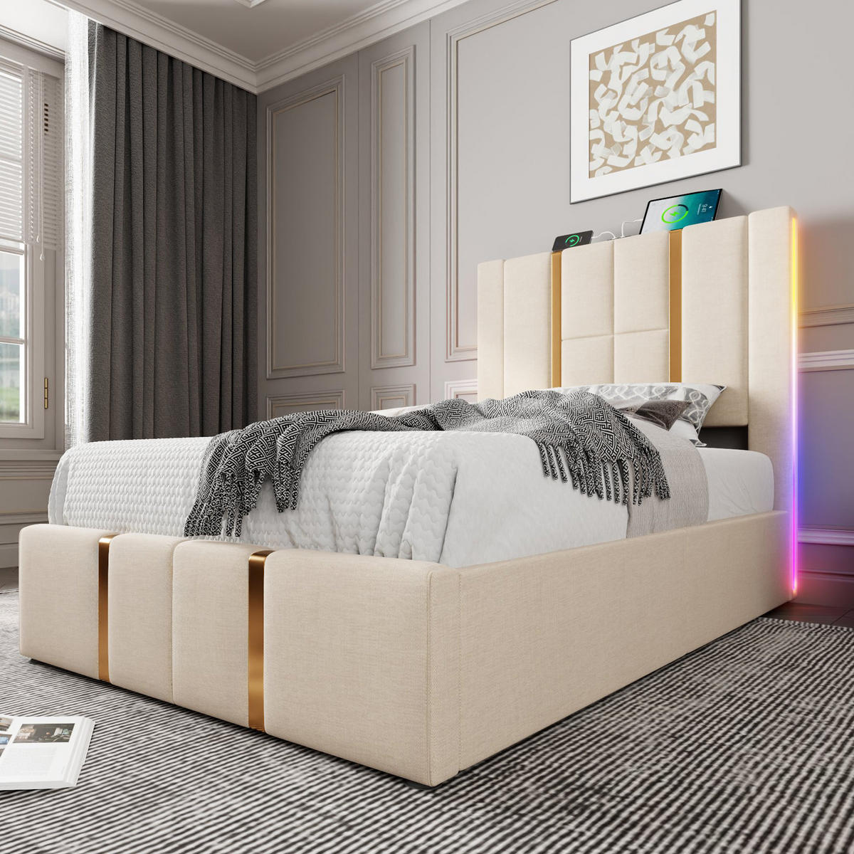 POLSTERBETT 90/200 cm mit Bettkasten, RGB-LED & USB/Typ-C im Kopfteil, Beige - Beige, Textil (90/200cm) - Redom