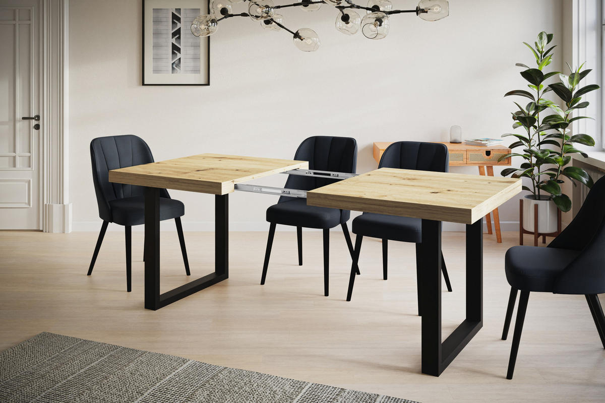 ESSZIMMERTISCH LOFT-U, ausziehbarer Tisch 160-260X90X77 cm, Farbe: ARTISAN, mit Metallbeinen in Farbe Schwarz - Hellbraun/Schwarz, Holzwerkstoff (160/90/77cm) - Alpi-Möbel
