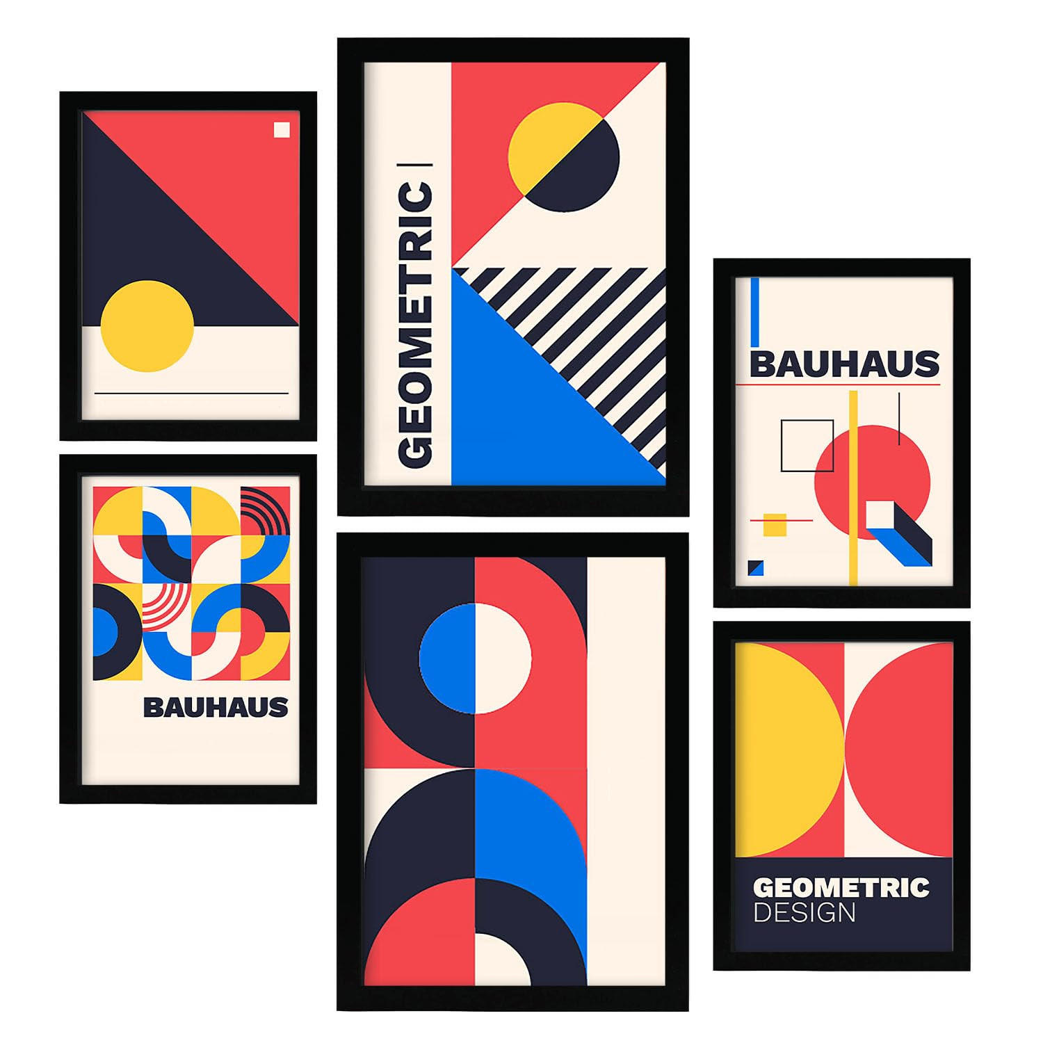 POSTER Set Mit 6 Drucken Im Bauhaus 5 Geometrische Designkollektion Drucke Mit Ästhetische Dekorative Rahmen Für Zuhause A3 & A4 Schwarzer Rahmen - Schwarz, Papier (29/3cm) - Nacnic