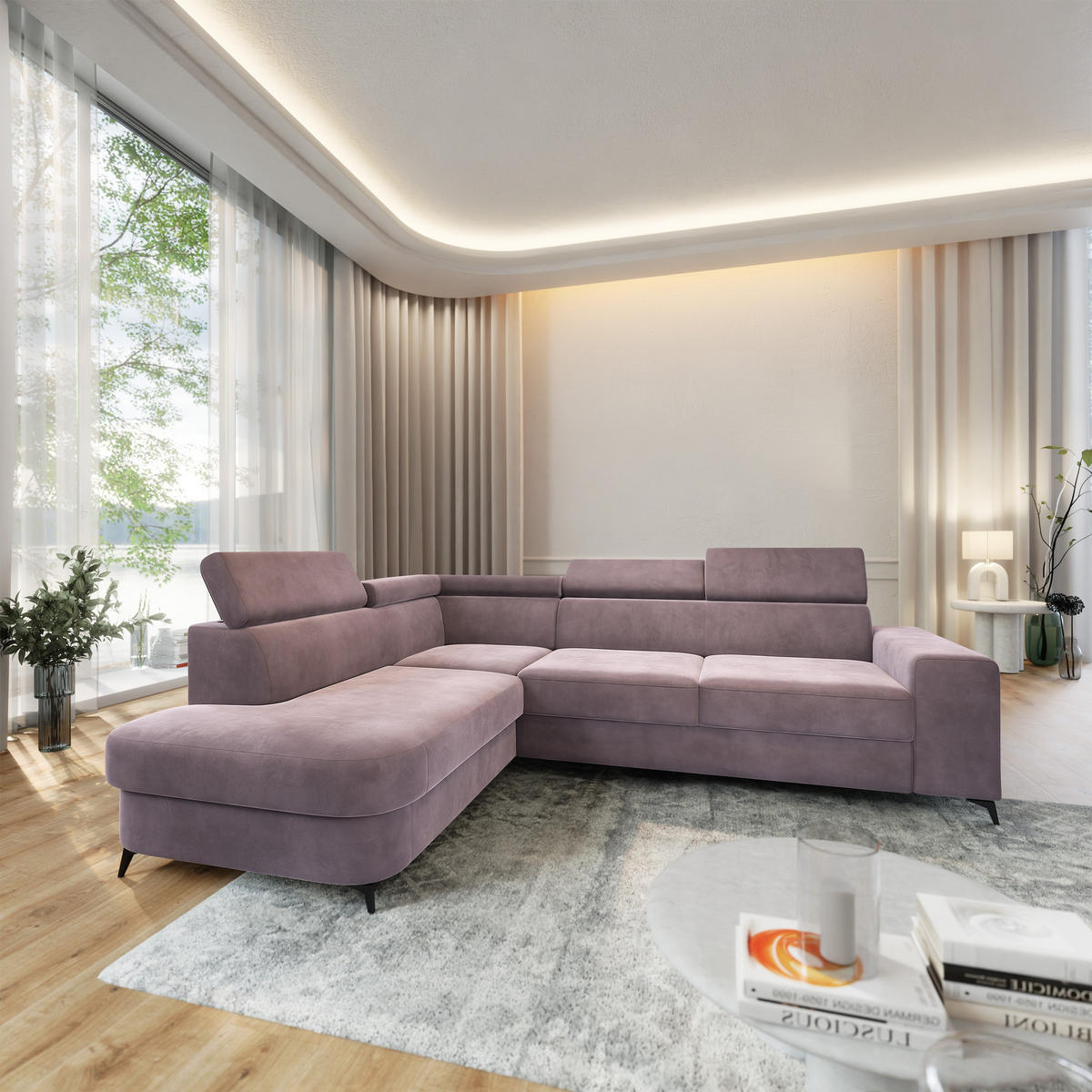 ECKSOFA ALVORO L-S Lila Velours-Stoff mit Schlaffunktion - Lila, Holz (253/190cm) - MASSENO
