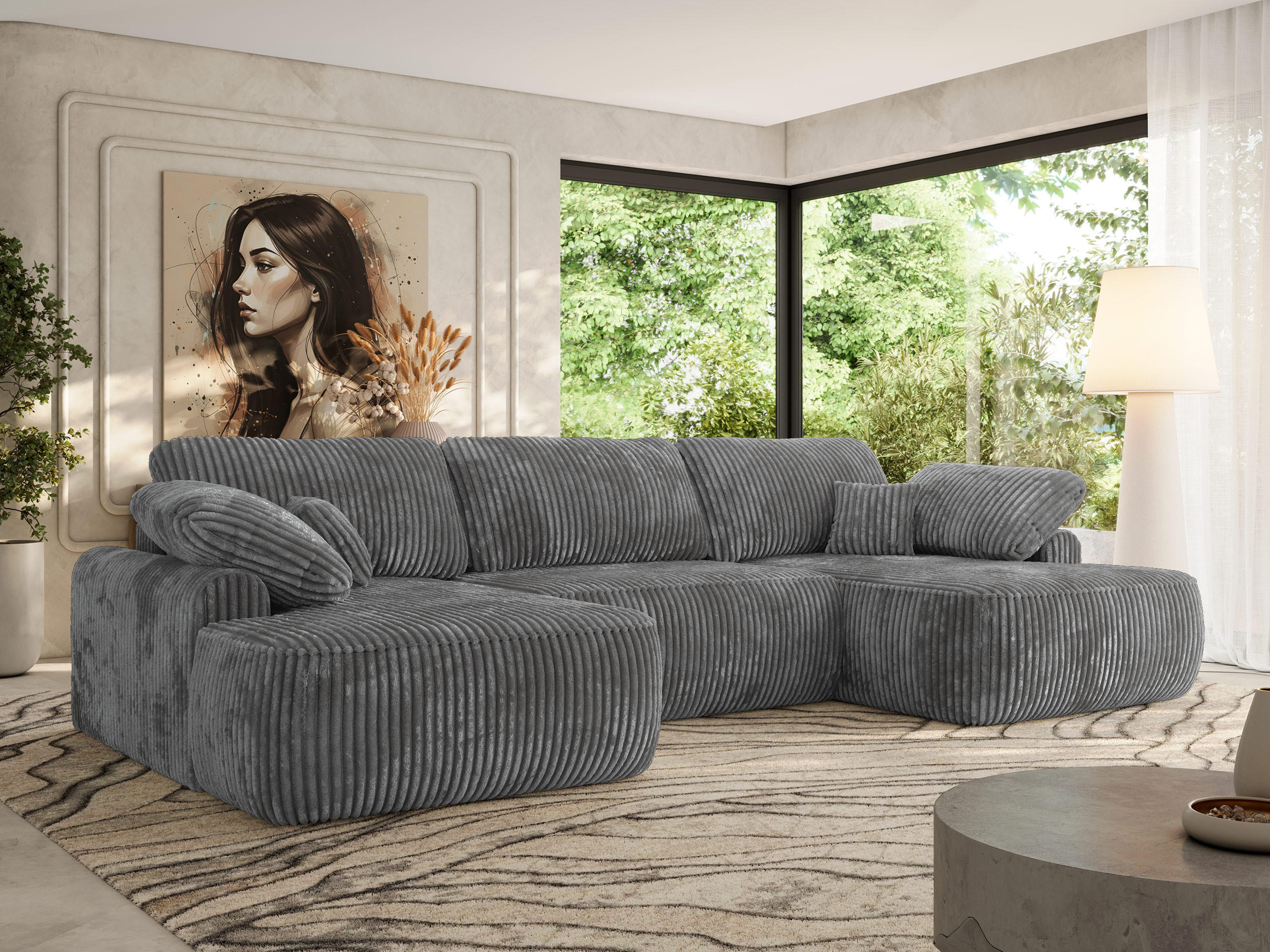 WOHNLANDSCHAFT CUBO U Dunkelgrau Cord - Dunkelgrau/Schwarz, Kunststoff/Textil (370/100/187cm) - MKS