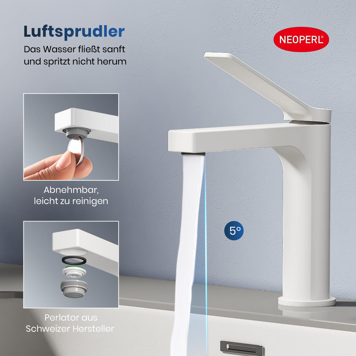 WASCHTISCHARMATUR mit Spulen-Zertifiziertem Filterelement Weiß Matt - Weiß, Metall (17.3/4.6/19.5cm) - EMKE