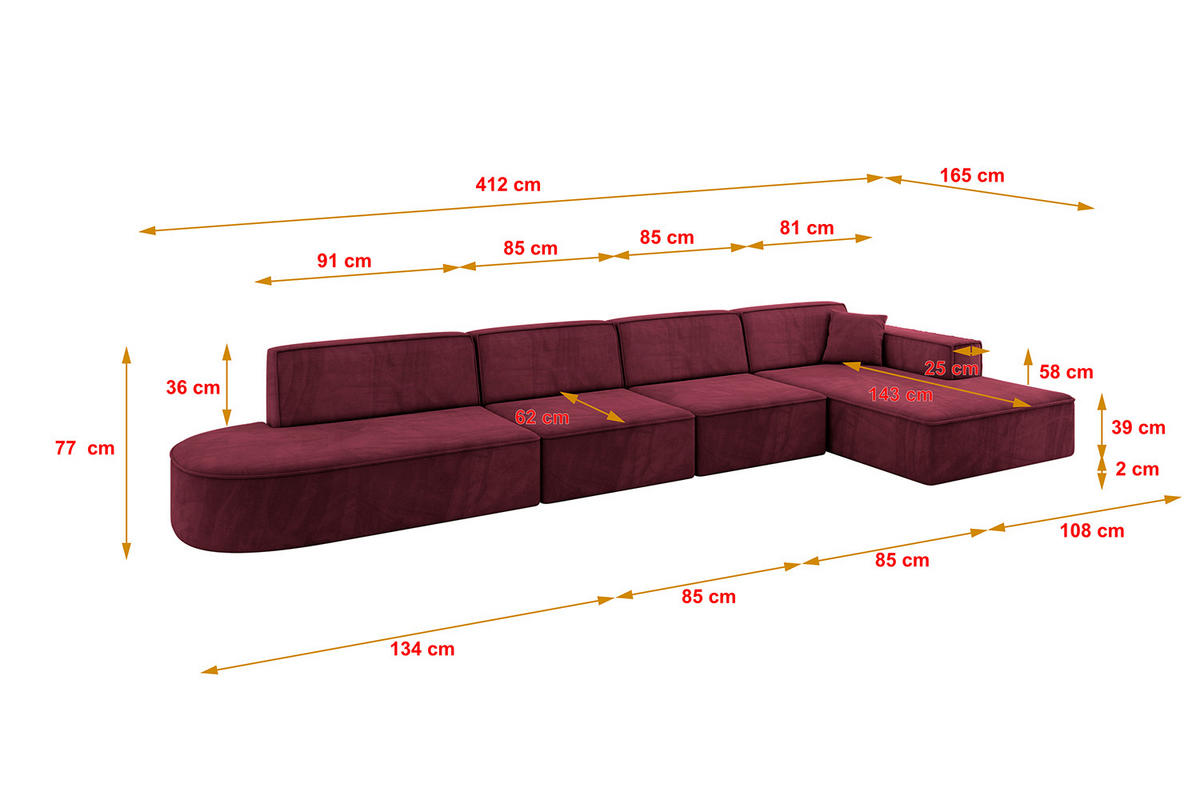ECKSOFA Ottomane Rechts IREA-L3-v4 - 412x165x77 cm Bordeauxrot - Bordeaux, Holzwerkstoff/Textil (412/165cm) - ALTDECOR