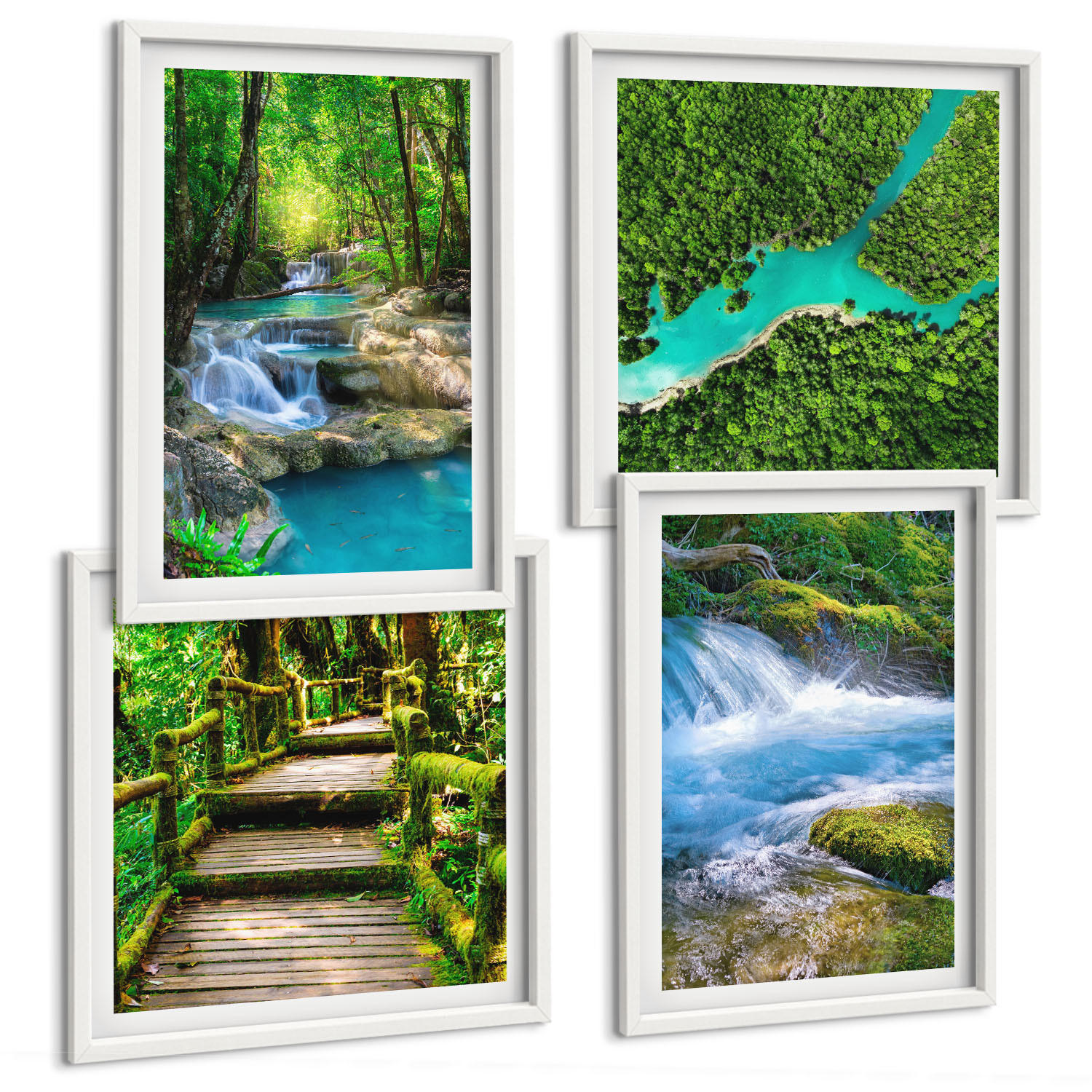 BILDER SET 4er Set - 50x50 cm & 40x60 cm Weißer Rahmen - Grüne Wälder, kristallklares Wasser - Weiß, Kunststoff (50/50cm) - TULUP