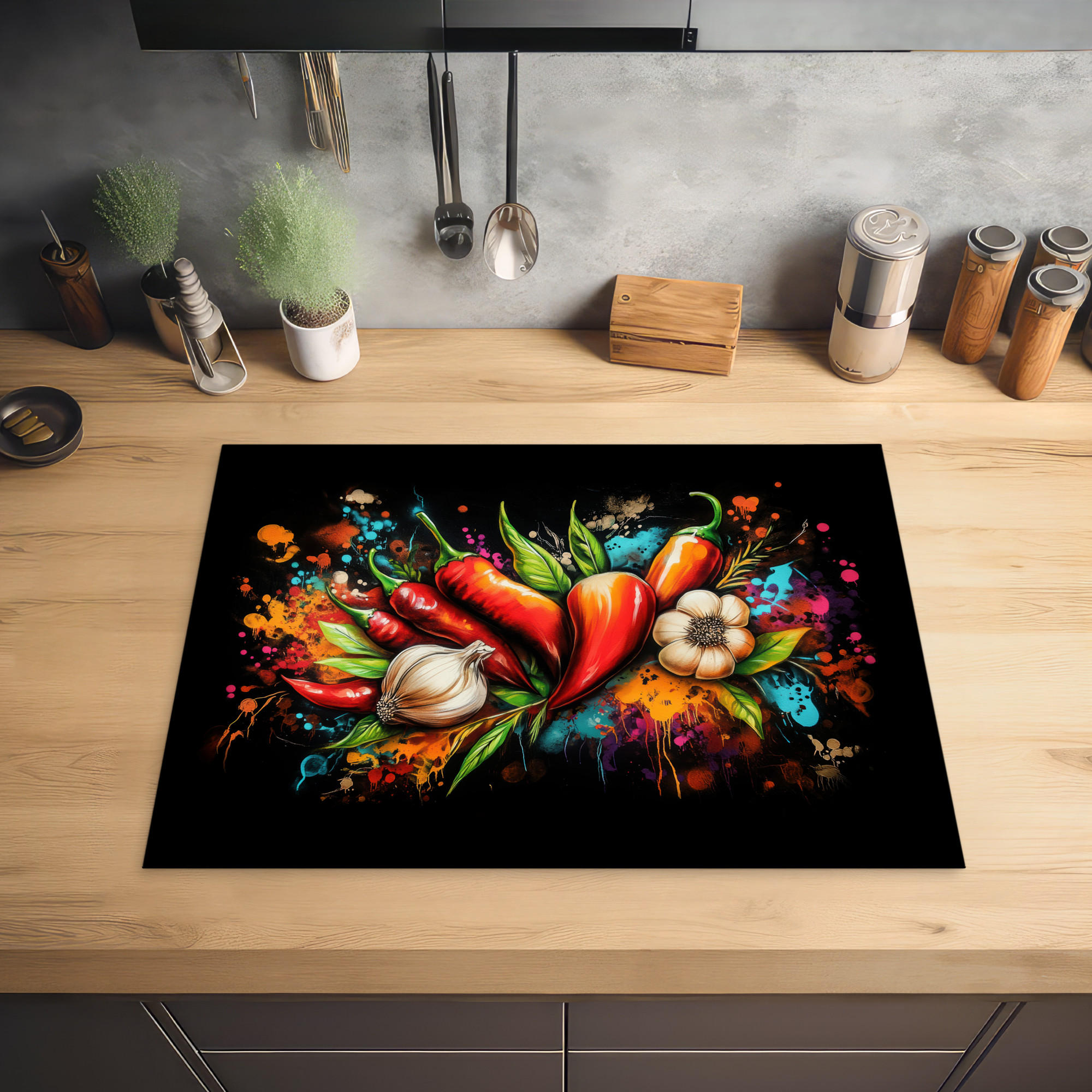 HERDABDECKPLATTE Gemüse - Paprika - Knoblauch - Graffiti - Farbe - Bunt 71x52 cm - Rot, Kunststoff (71/0.2/52cm) - MuchoWow