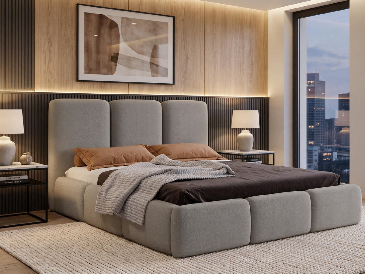 POLSTERBETT VARDO 180x200 cm mit Bettkasten, Stauraum und Metall-Lattenrost – Bouclé Stoff Hellgrau - Hellgrau/Schwarz, Textil/Metall (180/200cm) - Luxkor24