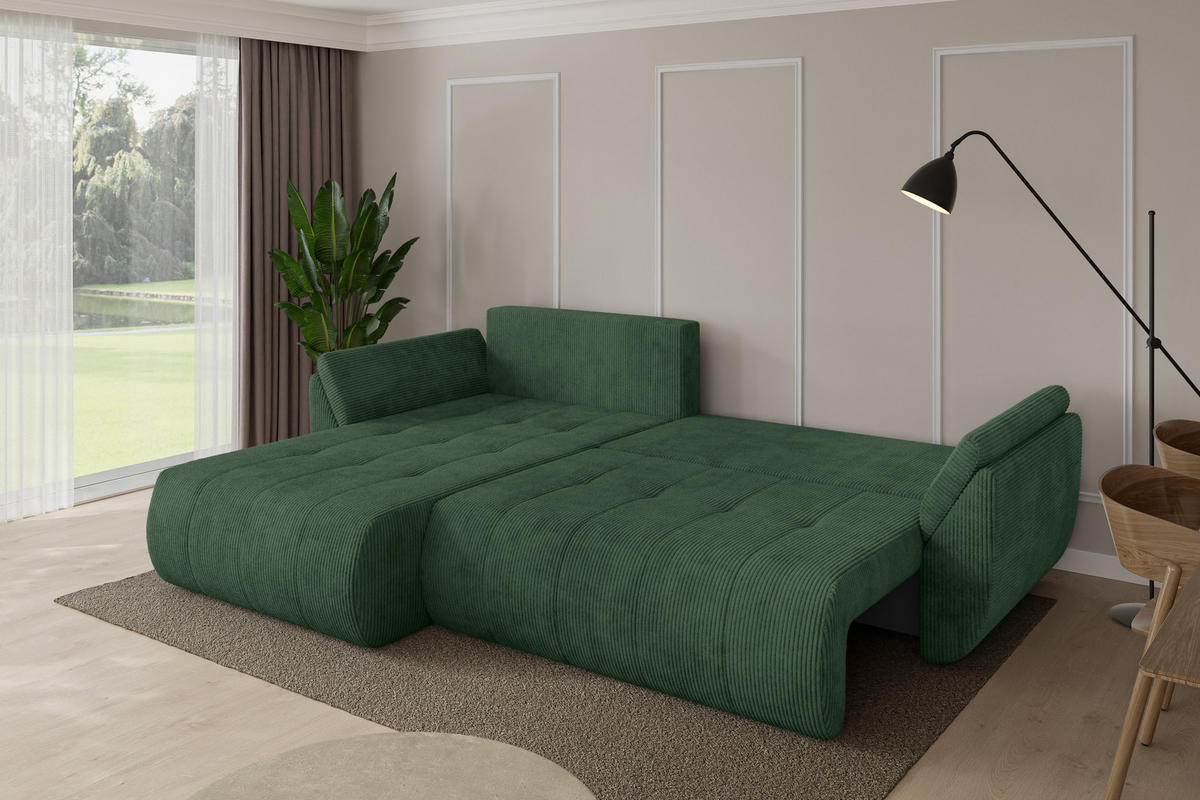 ROHOVÁ SEDAČKA s funkcí spaní, otoman vlevo TOKO-L 277x194x86 zelená manšestr - černá/tmavě zelená, kompozitní dřevo/textil (277/194cm) - ALTDECOR