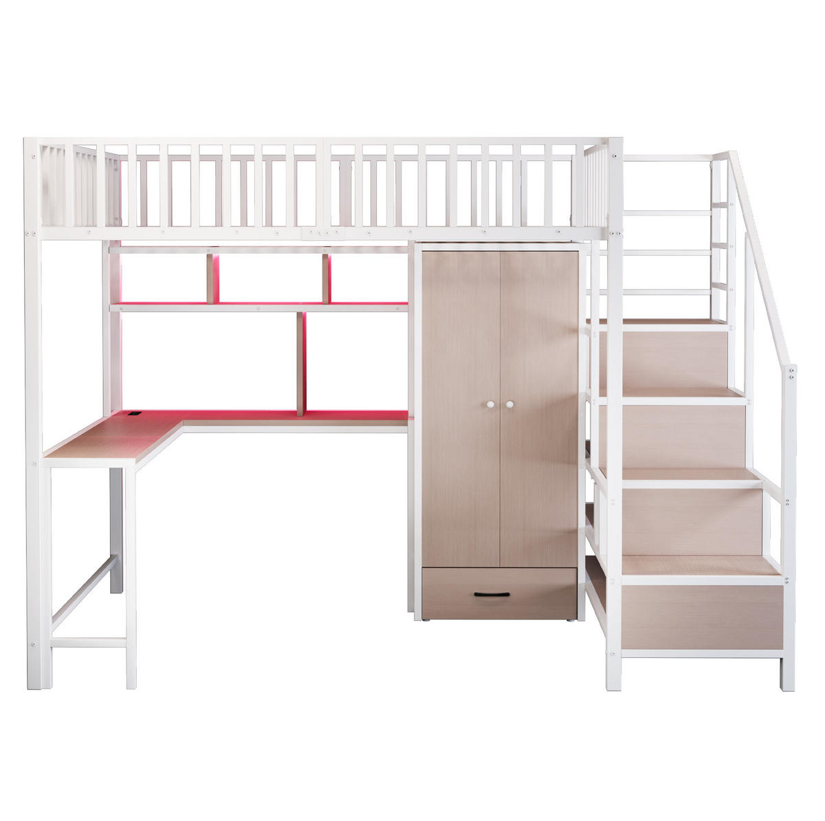 HOCHBETT 140/200 cm Weiß mit Schreibtisch, Kleiderschrank und LED-Beleuchtung - Weiß, Metall (140/200cm) - Flora Grace