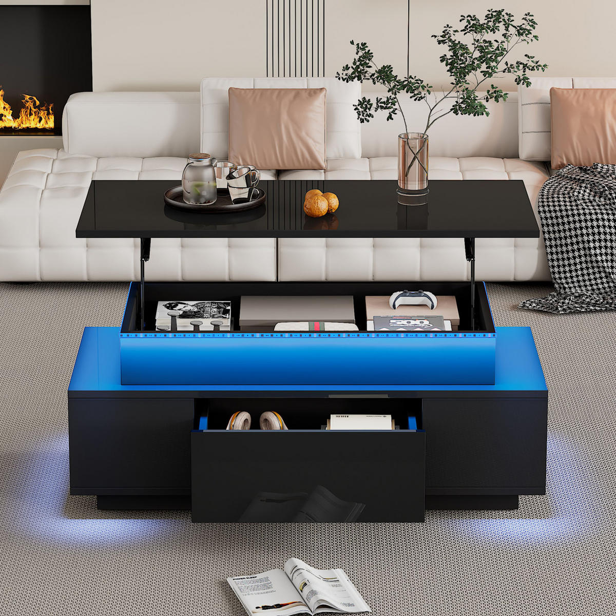 KONFERENČNÍ stolek z dřevotřísky 96x45x40 cm černý s LED osvětlením, výklopnou deskou a úložným prostorem - černá, kompozitní dřevo (96/45/40cm) - Modfu