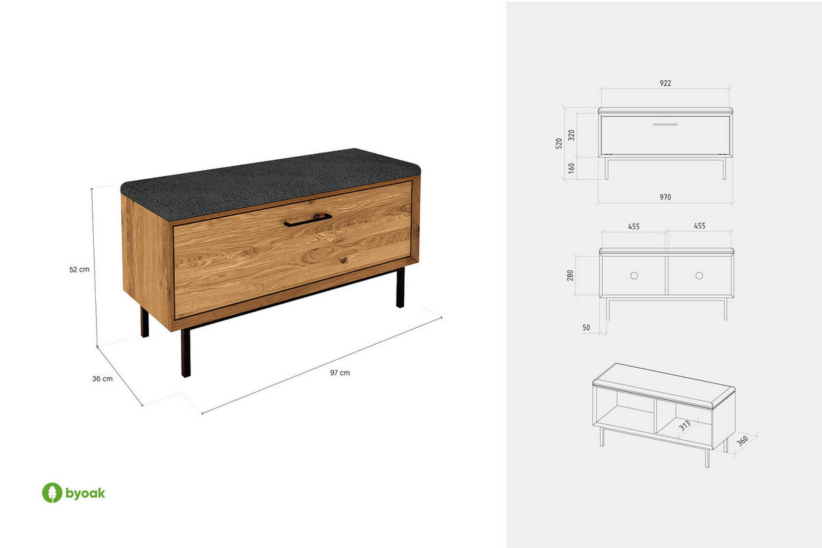 HALLENBANK LEON Wildeiche - Wildeiche, Holz (97/52/36cm) - byoak