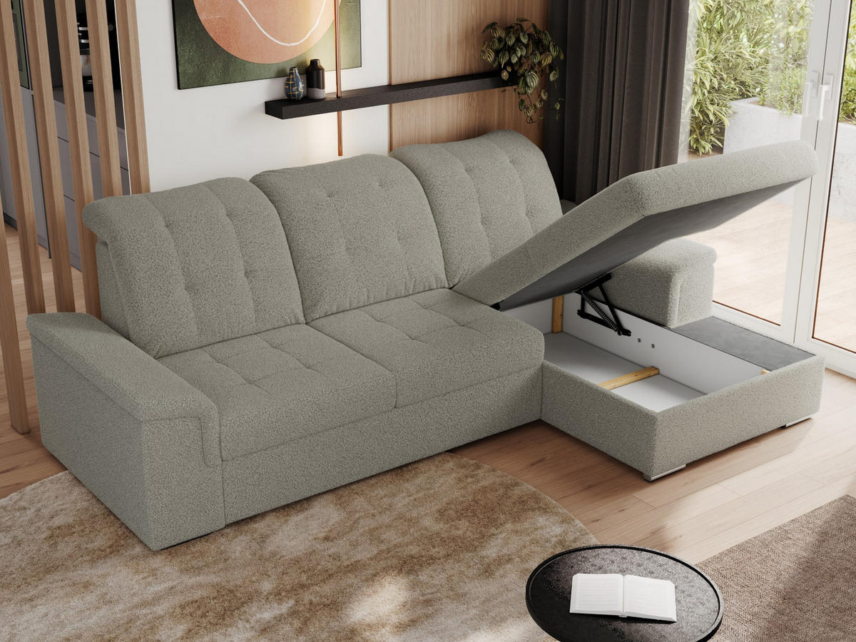 ECKSOFA MADRITO L - Hellgrau Boucle - Rechts - Silberfarben/Hellgrau, Textil/Metall (256/160cm)