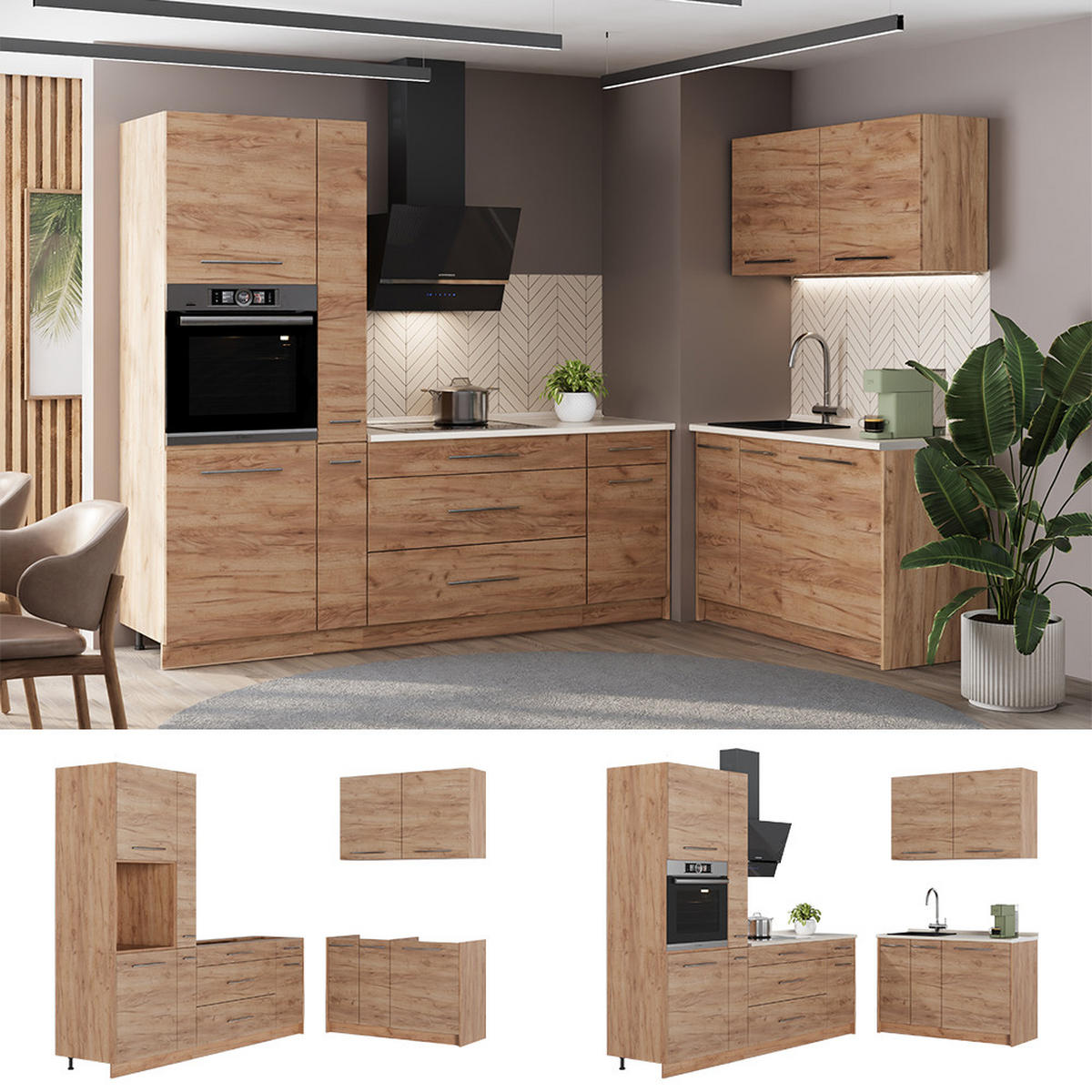KÜCHENZEILE Fame-Line, Goldkraft Eiche/Goldkraft Eiche, 220 x 120 cm, AP Anthrazit - Honigeiche, Holzwerkstoff (220/206.8/60cm) - Vicco