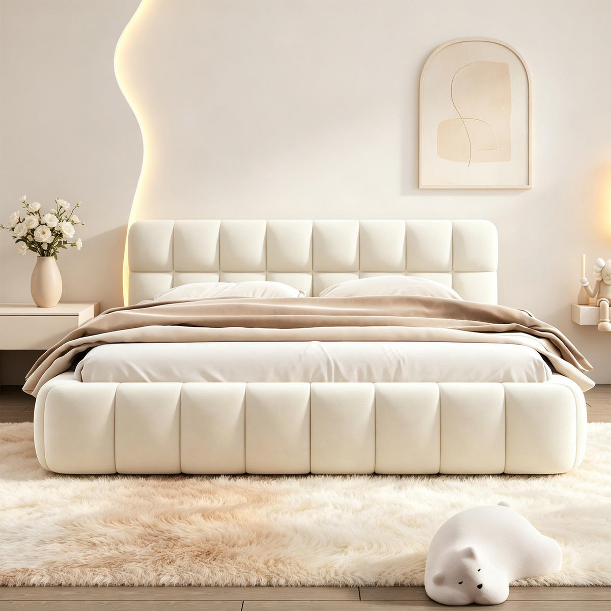 POLSTERBETT 140x200 mit Lattenrost, beige Leinen, niedriges Design mit eingelassener Matratze, sicher und stilvoll - Beige, Holz/Textil (140/200cm) - GENKI LIVING
