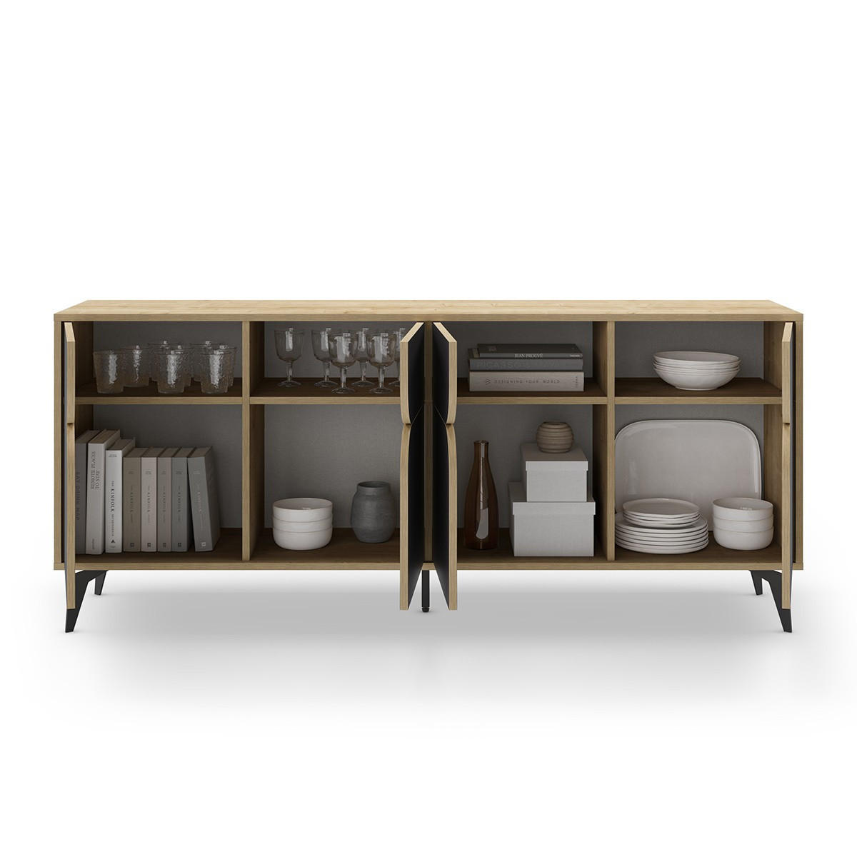 SIDEBOARD 4 Türen mit Metallfüßen B185 cm - FLORA - Eschefarben, Holzwerkstoff (40/79/185cm) - Calicosy