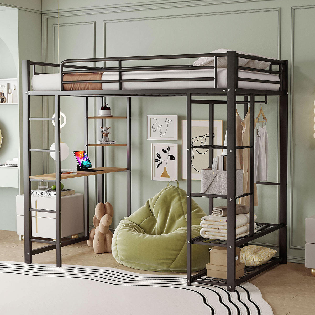 HOCHBETT mit Schreibtisch, Regalen und Stauraum - Schwarz, Holzwerkstoff/Metall - Urban Meuble