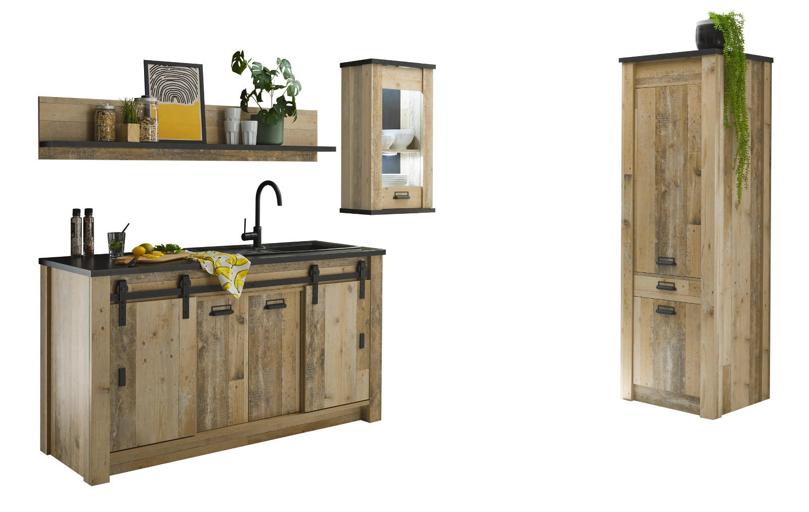 KÜCHEN-SET Used Wood hell, anthrazit, Küchenschrank Set 4-teilig mit Soft-Close - Anthrazit/Schwarz, Glas/Holzwerkstoff (161/201/64cm) - Furn.Design