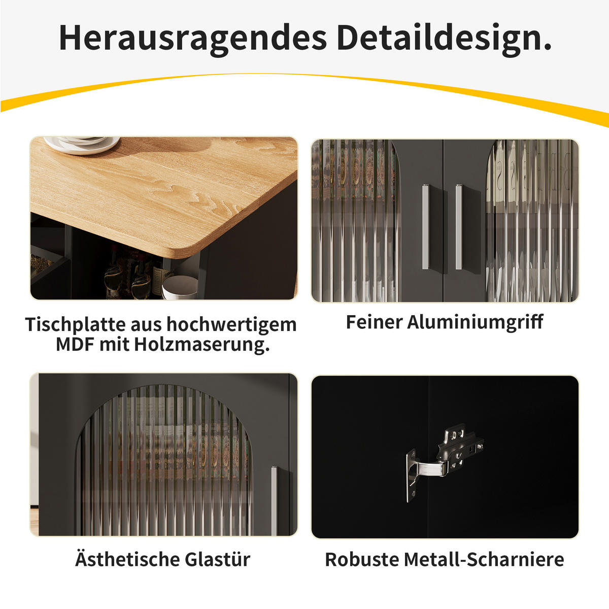 KÜCHENINSEL in Schwarz und Naturfarben Servierwagen mit Glastüren für Küche und Esszimmer, B120/T30/H79.5 cm - Schwarz/Naturfarben, Glas/Holzwerkstoff (120/79.5/70cm) - STILVORA