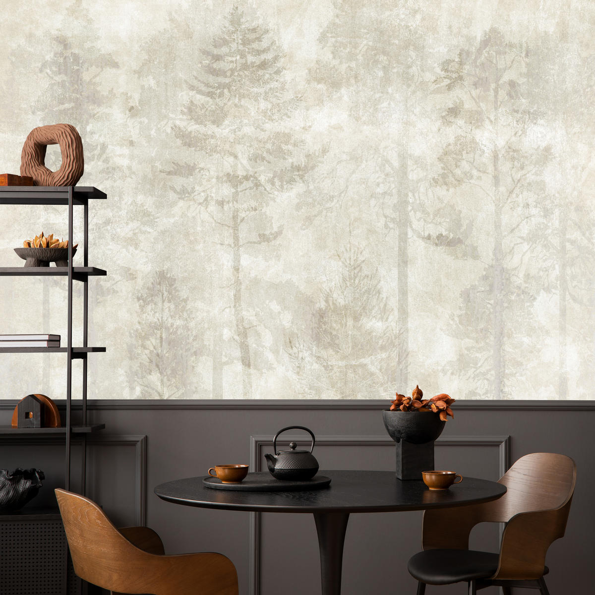 FOTOTAPETE für Wohnzimmer Boho Wald Bäume Beton Abstrakt Vintage Beige 350x256 - Beige/Braun, Papier (350/256cm) - Muralo