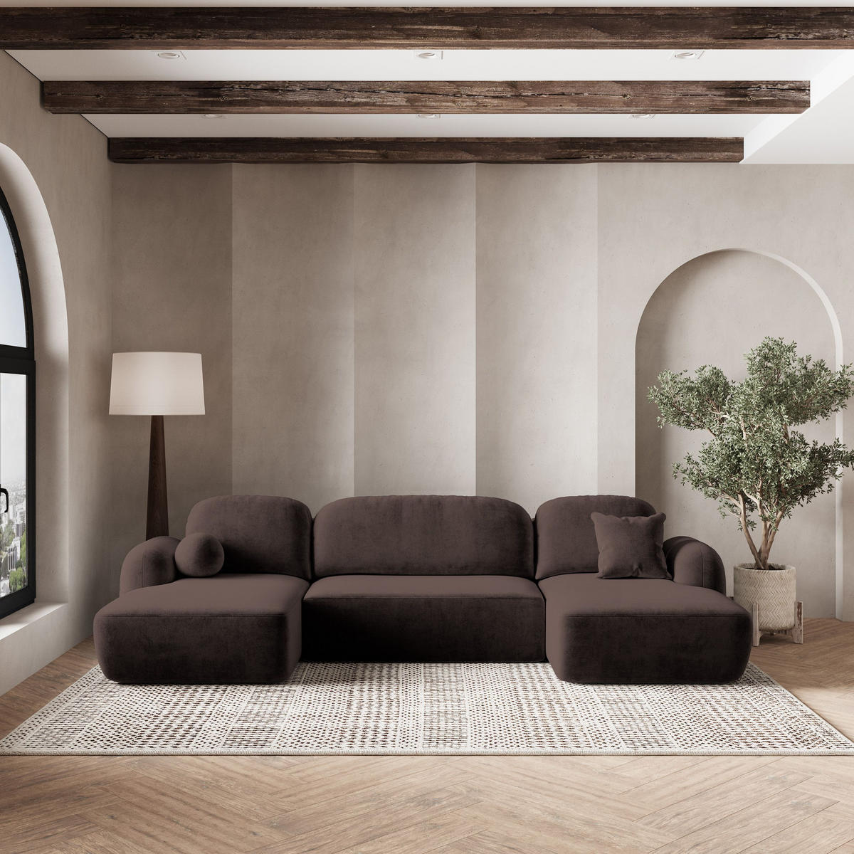 ROHOVÁ SEDAČKA SAVONA hnědá - černá/hnědá, dřevo/textil (320/148cm) - MASSENO