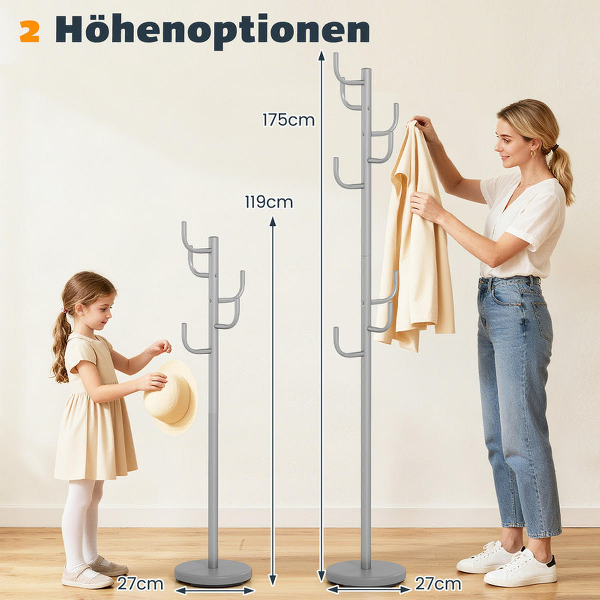 GARDEROBENSTÄNDER mit 8 Haken silber - Silberfarben, Metall (27/119/27cm) - COSTWAY