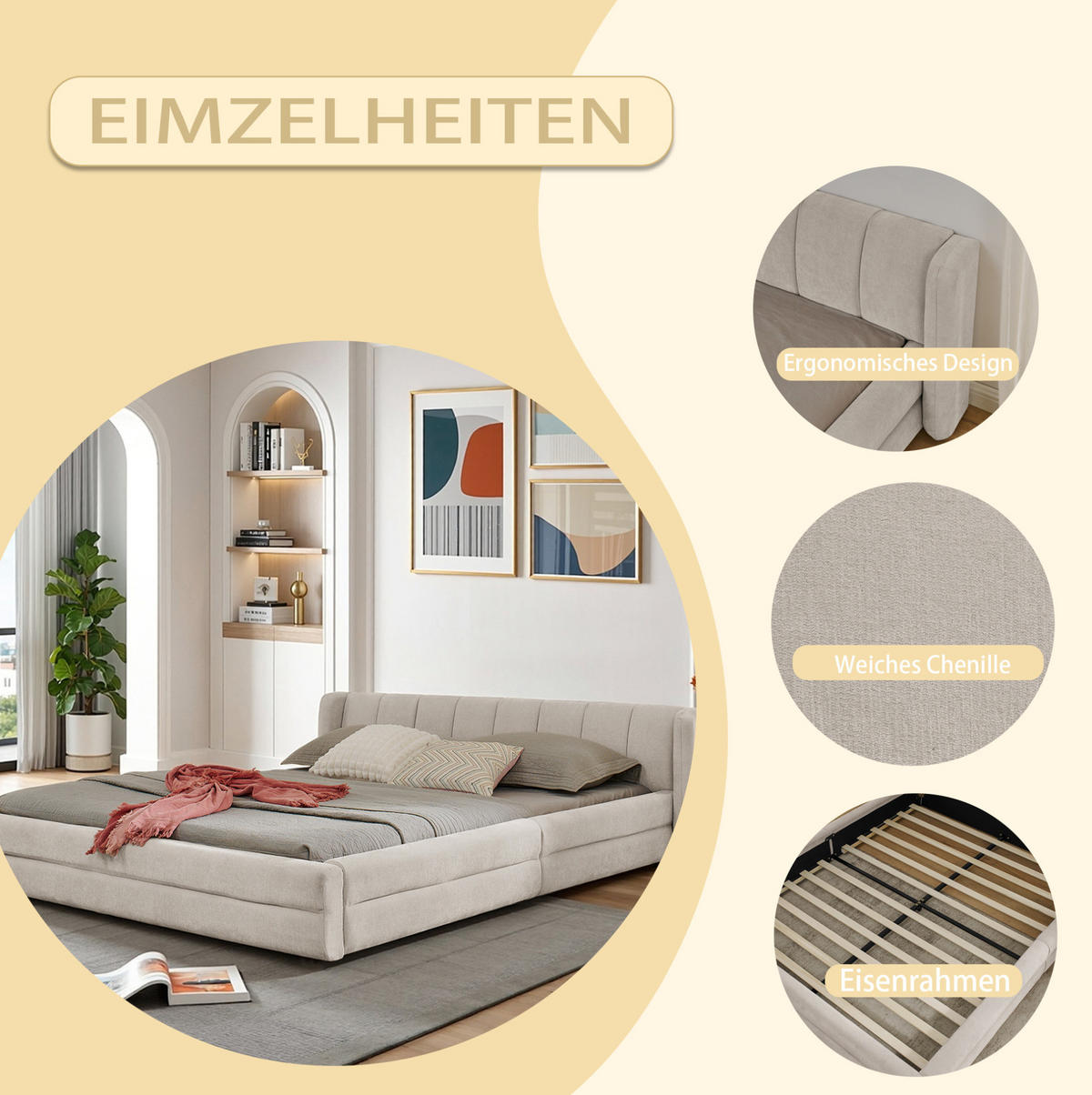 BETTGESTELL mit Kopfteil 140x200 cm Chenille Beige - Beige, Holz (140/200cm) - Meubliv