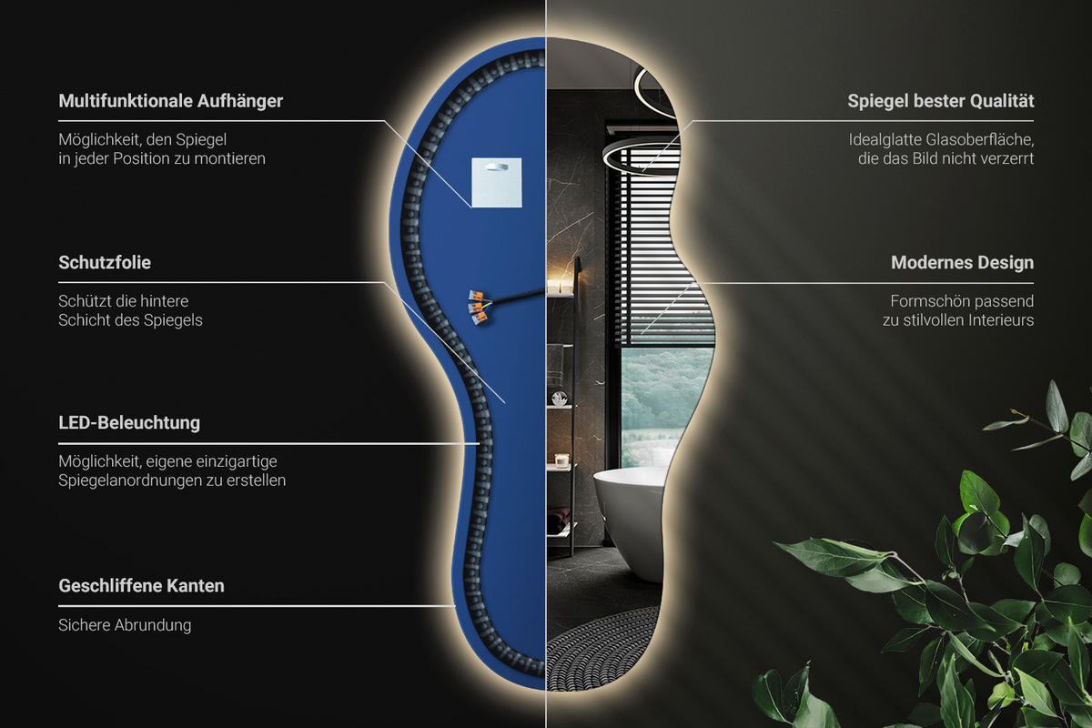 LED SPIEGEL 50x100 cm asymmetrisch 3000K - Gelb, Glas (50/100/0.4cm) - ArtPrintCave