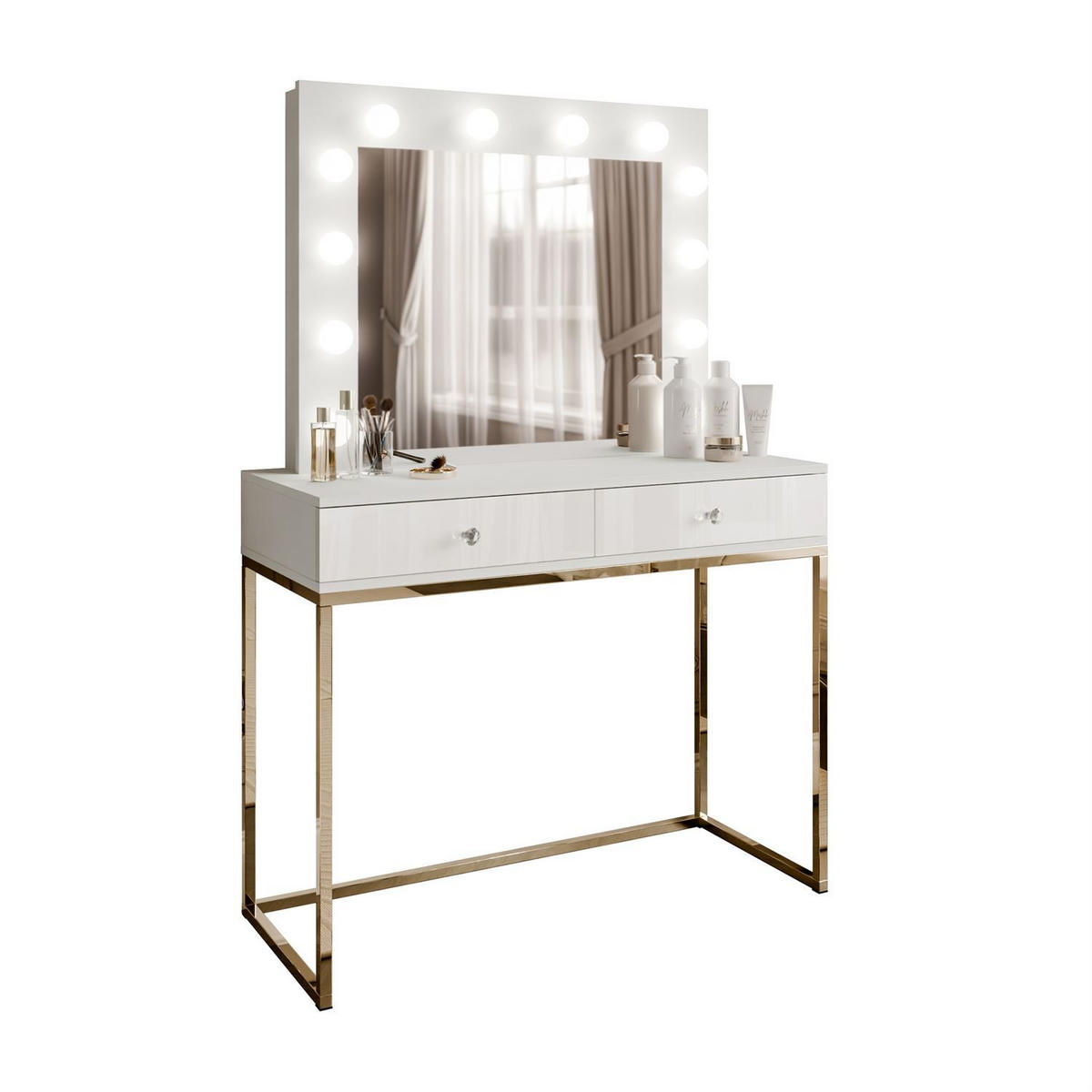 SCHMINKTISCH BLANCO mit Spiegel und Beleuchtung Gold Chrom Weiß Hochglanz Kristallgriff - Weiß Hochglanz/Goldfarben, Holzwerkstoff (100/146/42cm) - Lookway