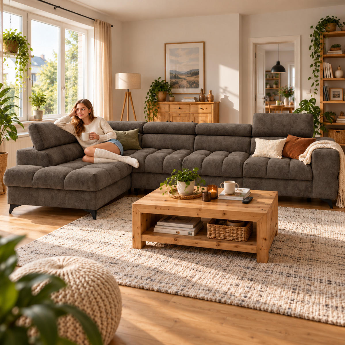 ECKSOFA PUDDING MAXI L Links mit Schlaffunktion 125x195 Velours Braun - Schwarz/Braun, Holz/Textil (350/203cm) - Muffo