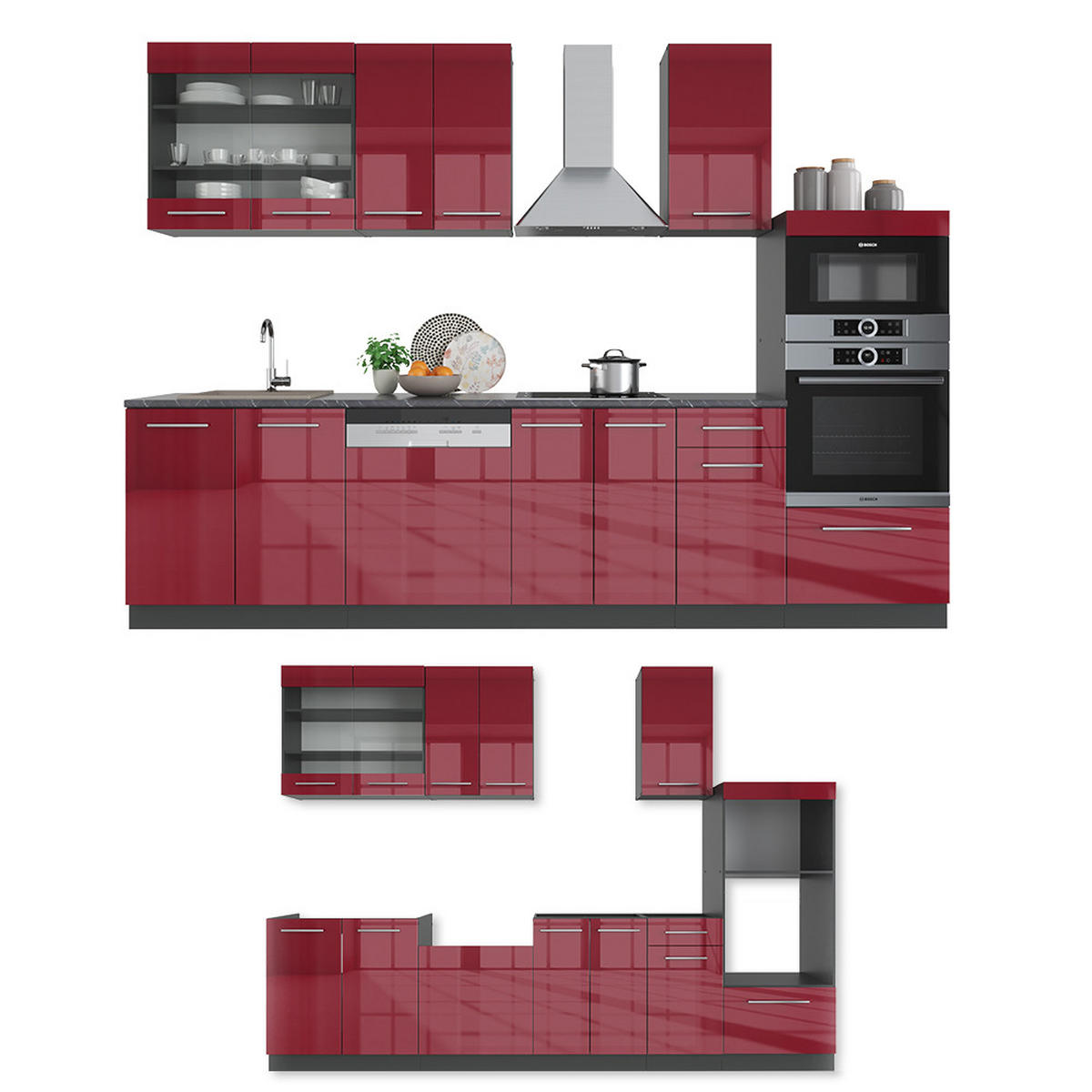 KÜCHENZEILE Fame-Line Bordeaux Hochglanz/Anthrazit 300 cm ohne AP - Bordeaux/Anthrazit, Holzwerkstoff (300/81.6/46cm) - Vicco