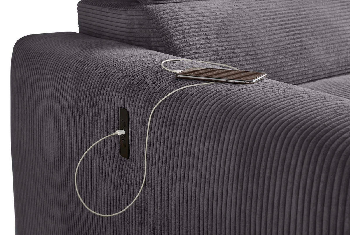 ECKSOFA mit elektrischer Sitztiefenverstellung, Kopflehnen verstellbar, USB-A und USB-C Ladefunktion B277/T187/H109 cm, Cord Grau Anthrazit / 15402 - Schieferfarben/Eichefarben, Eichenholz/Textil (277/187cm) - luma-home
